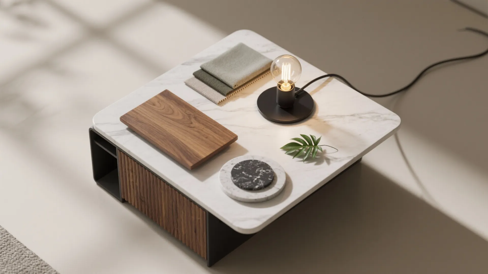 Interior design materials on white marble table including wood samples, fabric swatches, and small light