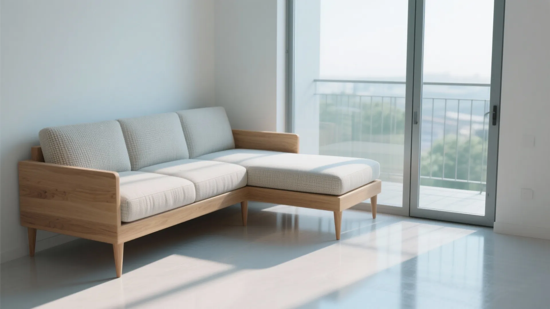 Light grey corner sofa with wooden base sitting in a bright room by glass windows
