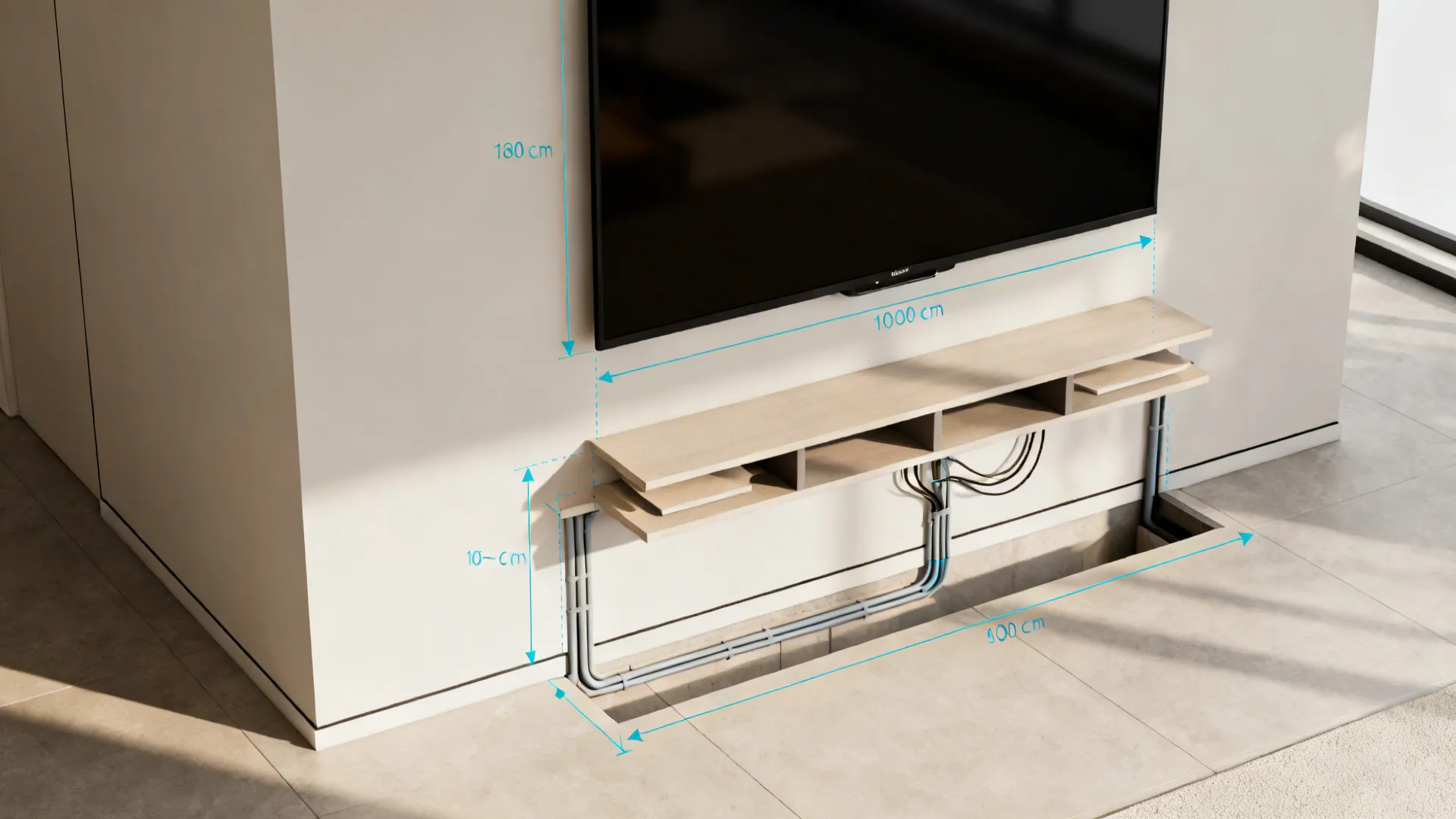 Top-down view of a corner TV wall showing floating shelves and cable routing clearances.