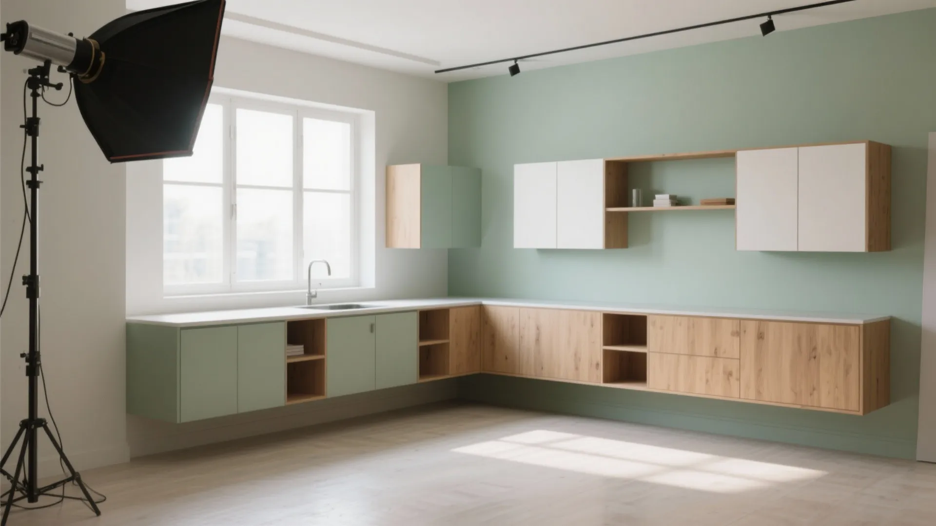 Modern kitchen interior design with green and wood wall cabinets floating above a light floor