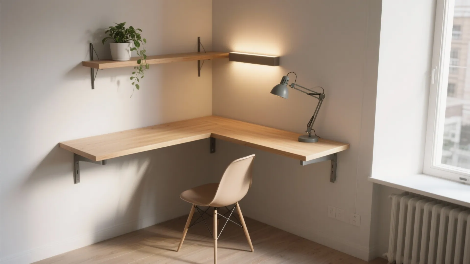 Corner floating desk in a studio with wall sconce and clamp lamp, minimal footprint and light wood finish