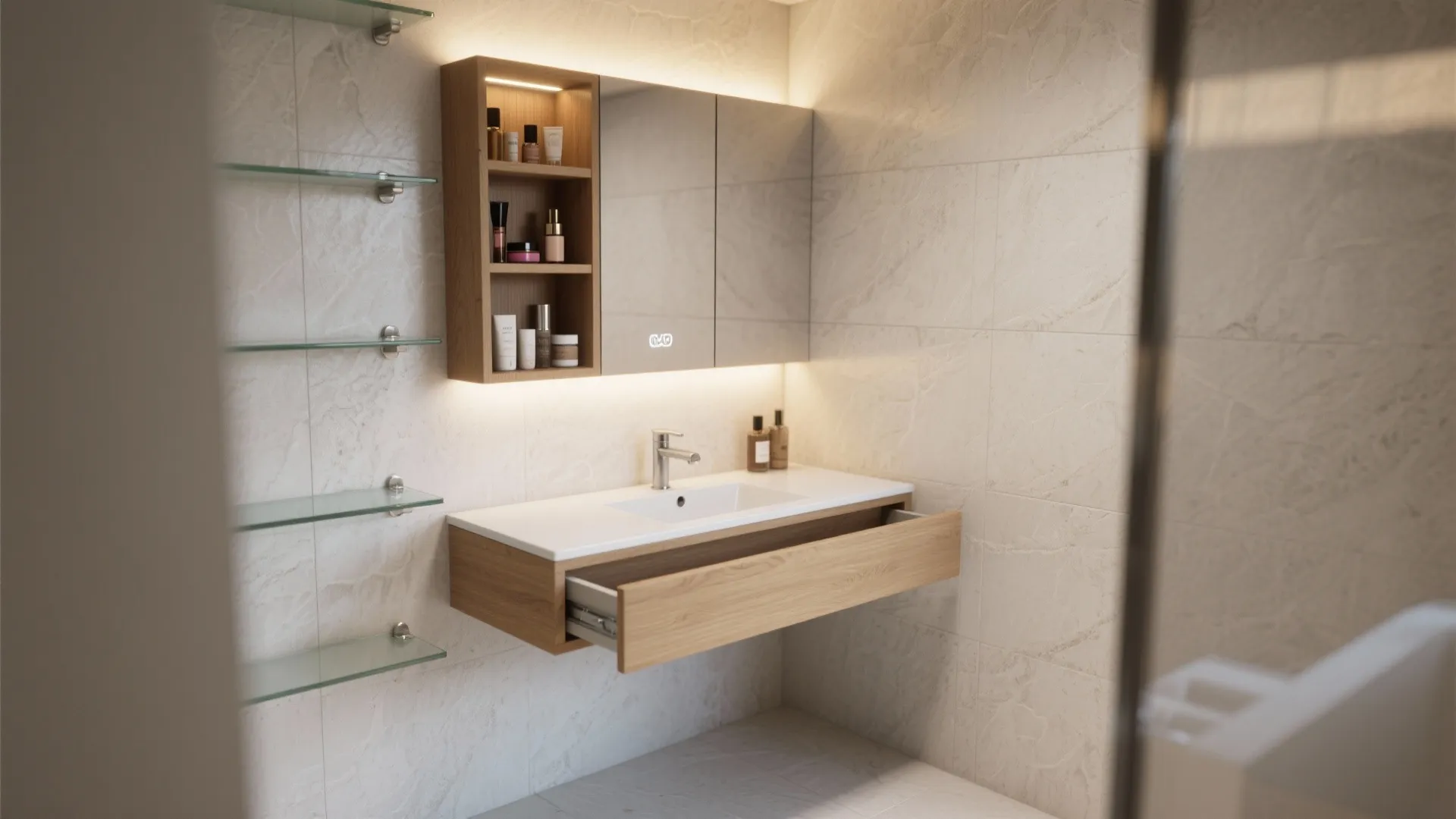 3. Corner floating vanity with mirrored cabinet