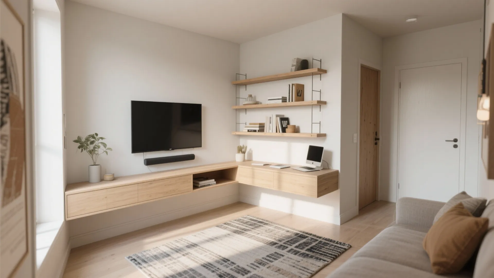 5. Corner-friendly layout with floating storage and visual staging