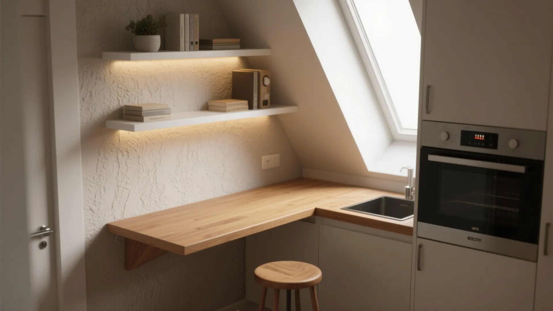 Wooden floating desk in kitchen corner with white wall shelves, books, plant, and roof window