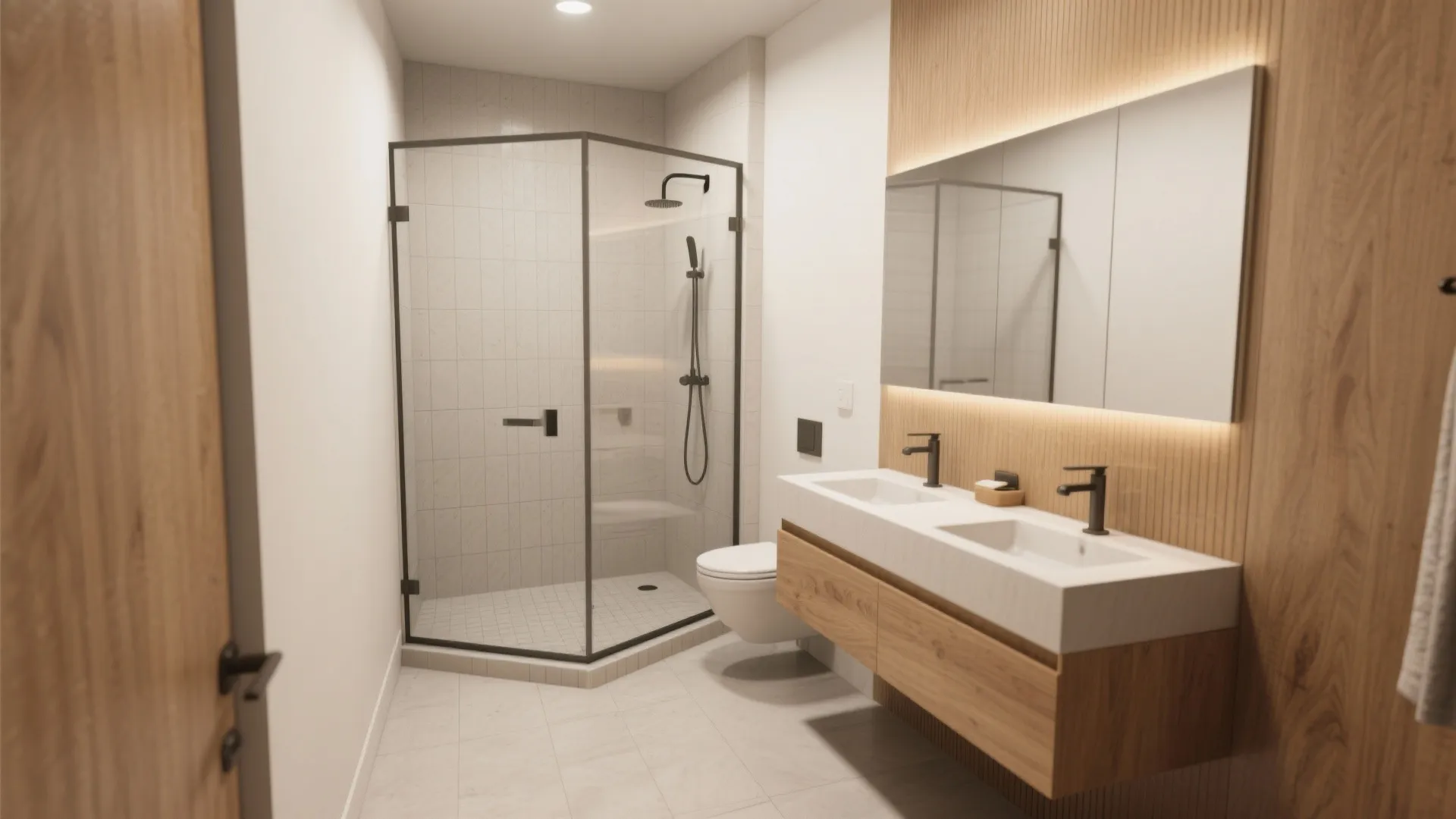 Corner glass shower paired with a floating vanity to open the center area of a small master bathroom.