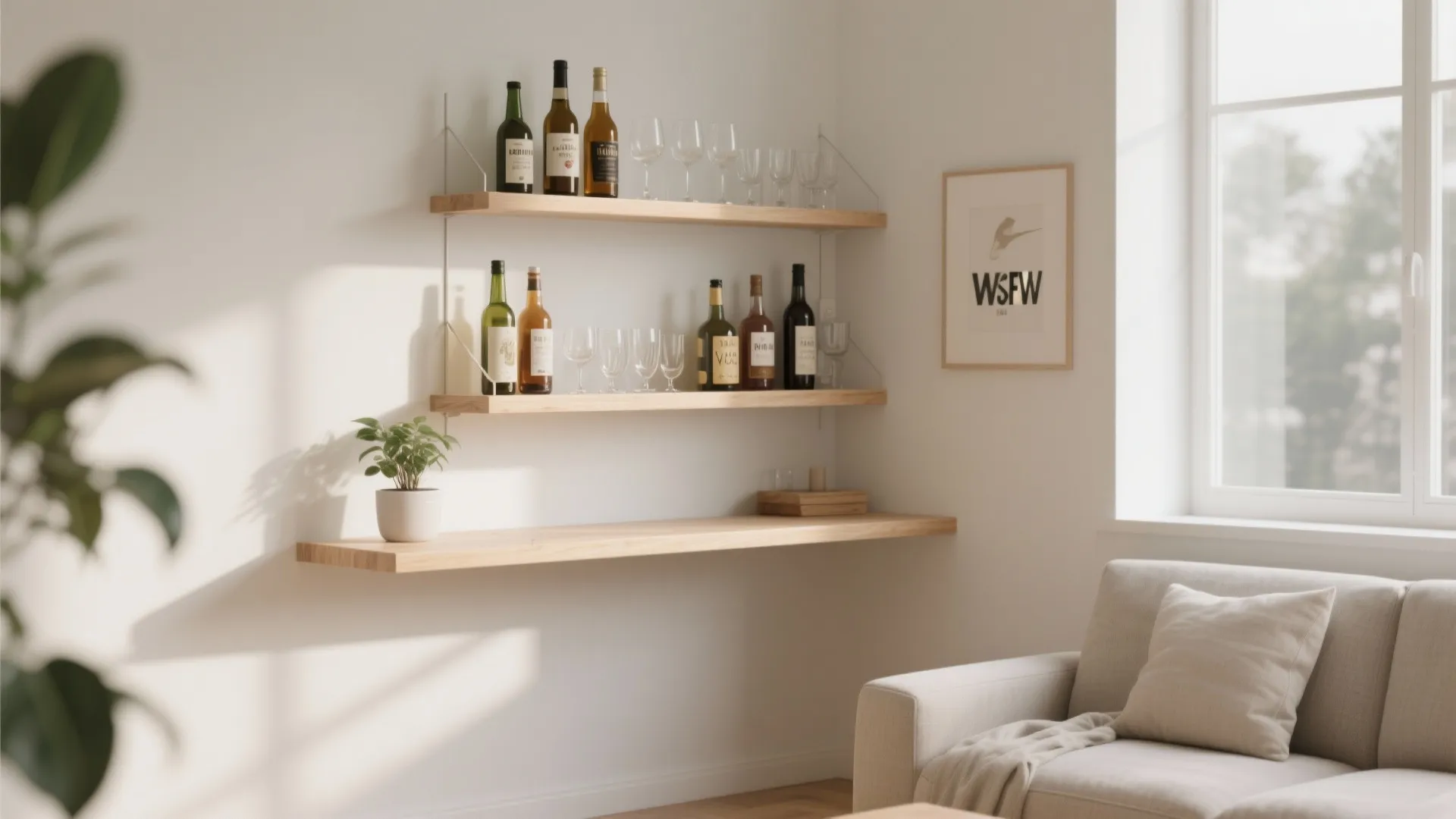 Compact corner bar with floating shelves