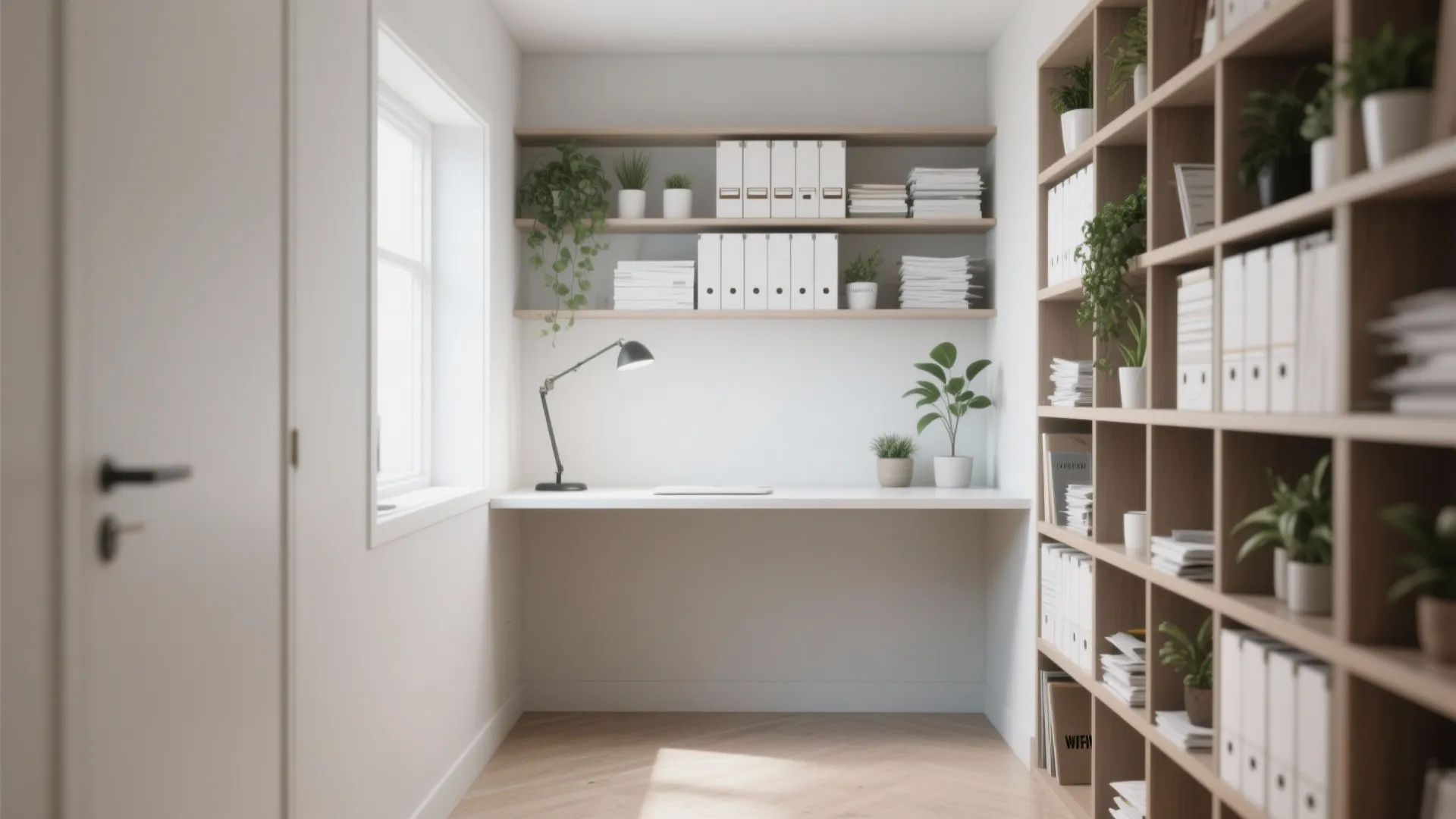 3. Corner floating desk with vertical storage