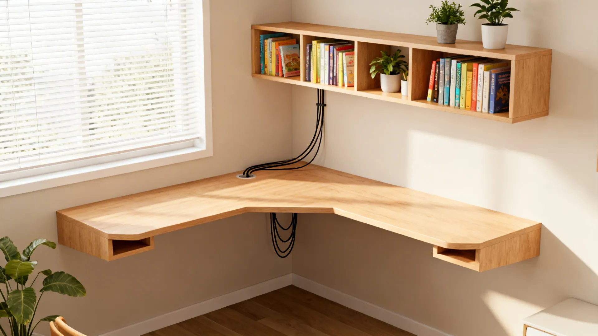 Triangular floating corner desk with open shelves, books, and plants in a bright living room corner.