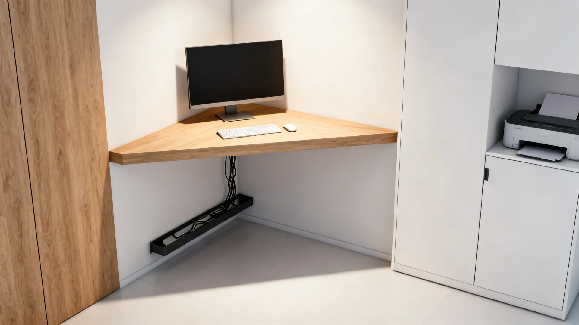 Triangular corner floating desk with integrated cable tray and nearby vertical storage