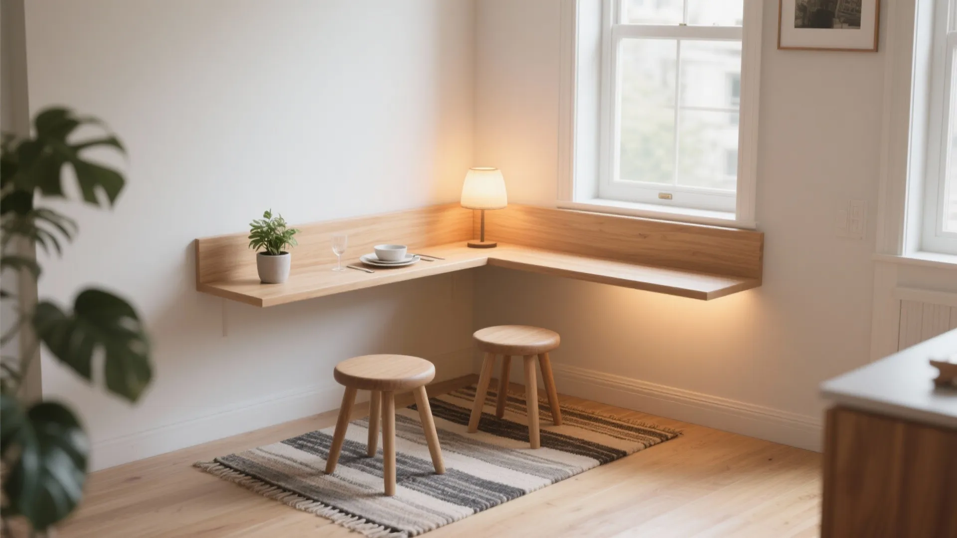 5. Corner nook with a floating shelf table