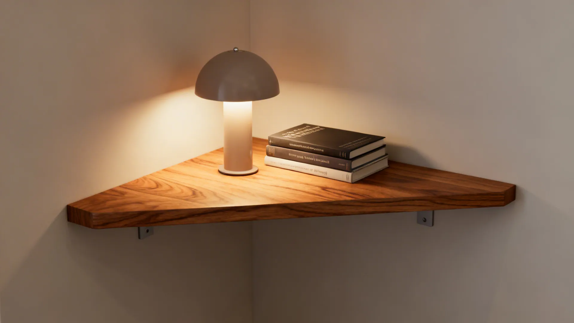 Triangular floating oak corner shelf-table with a lamp and books in a small living room corner
