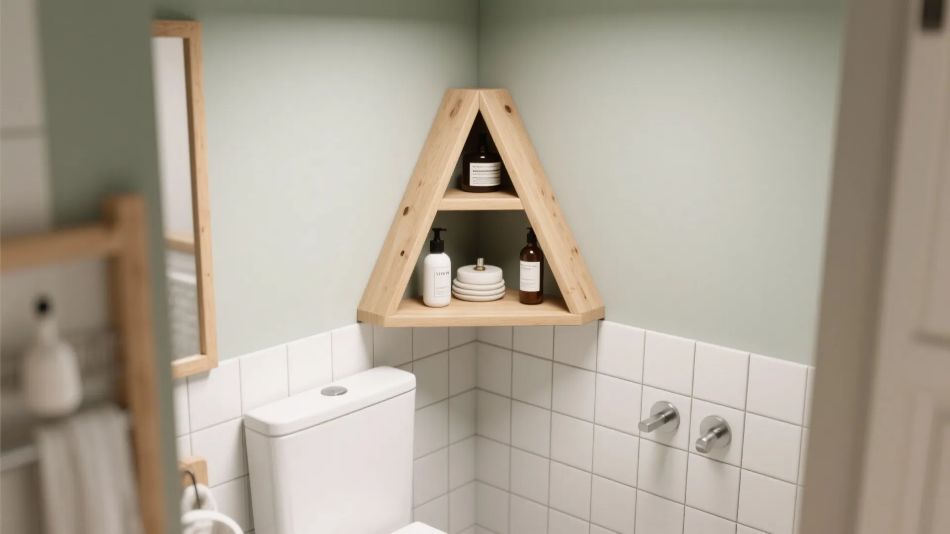 Triangular wooden corner shelf mounted on a green wall above a white toilet in bathroom