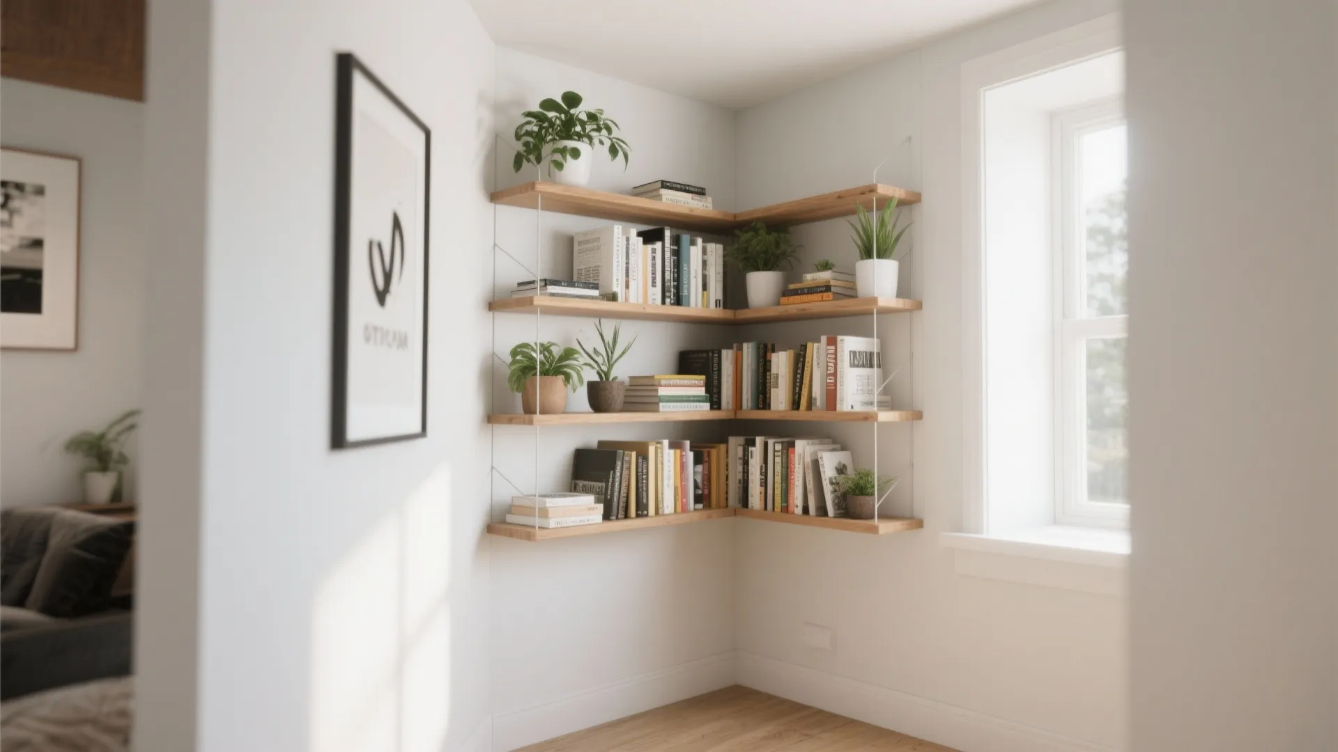 Corner floating shelves with plants and books in bright small room