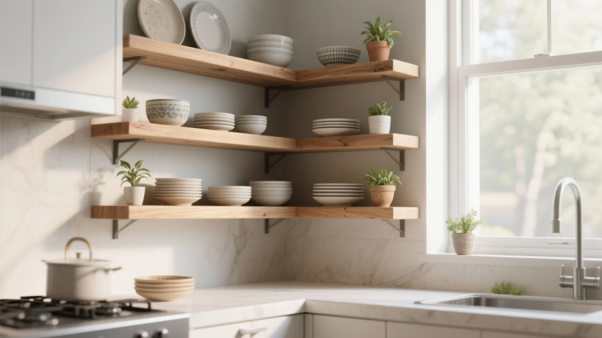 Floating shelves in L-shaped kitchen corner with plants and dishes