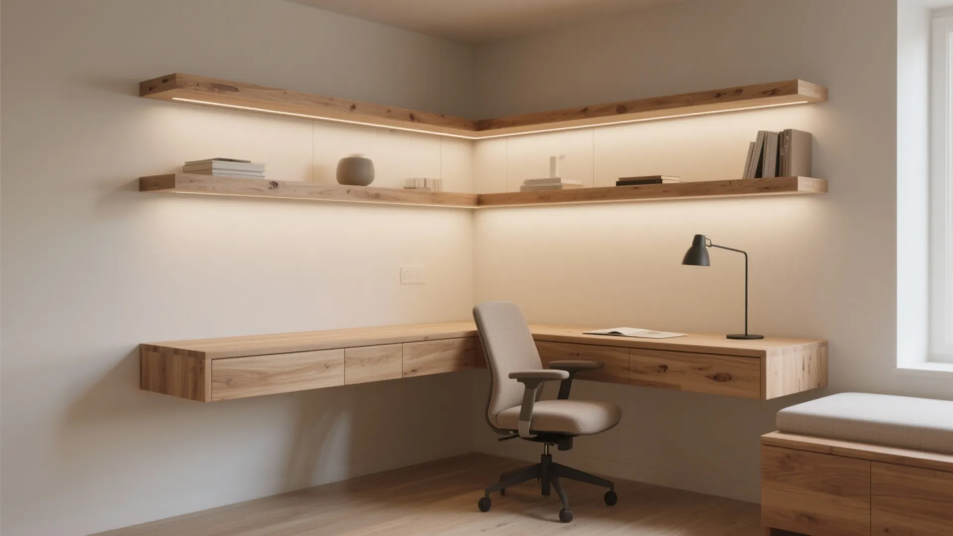 6. Corner Floating Shelves as a Workspace
