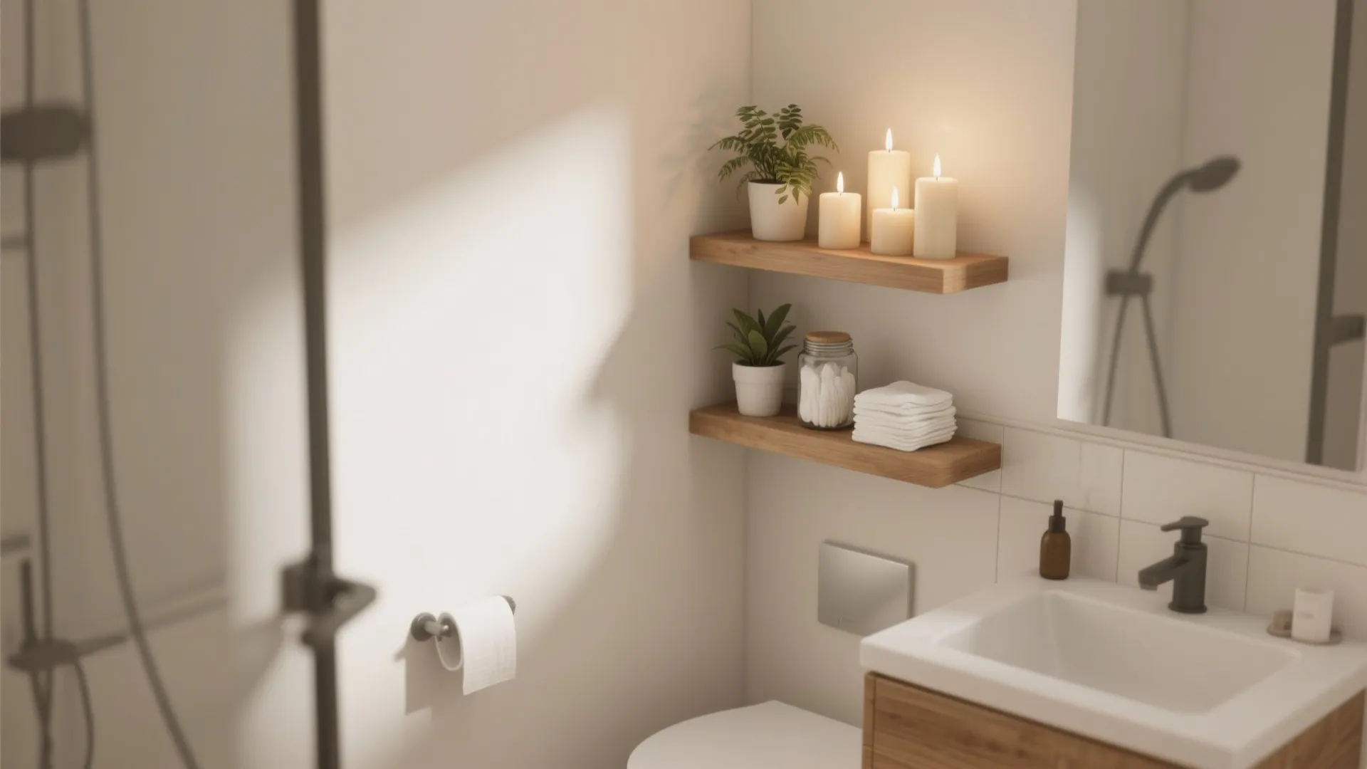 Modern bathroom with wooden wall shelves holding plants candles white towels and a simple sink