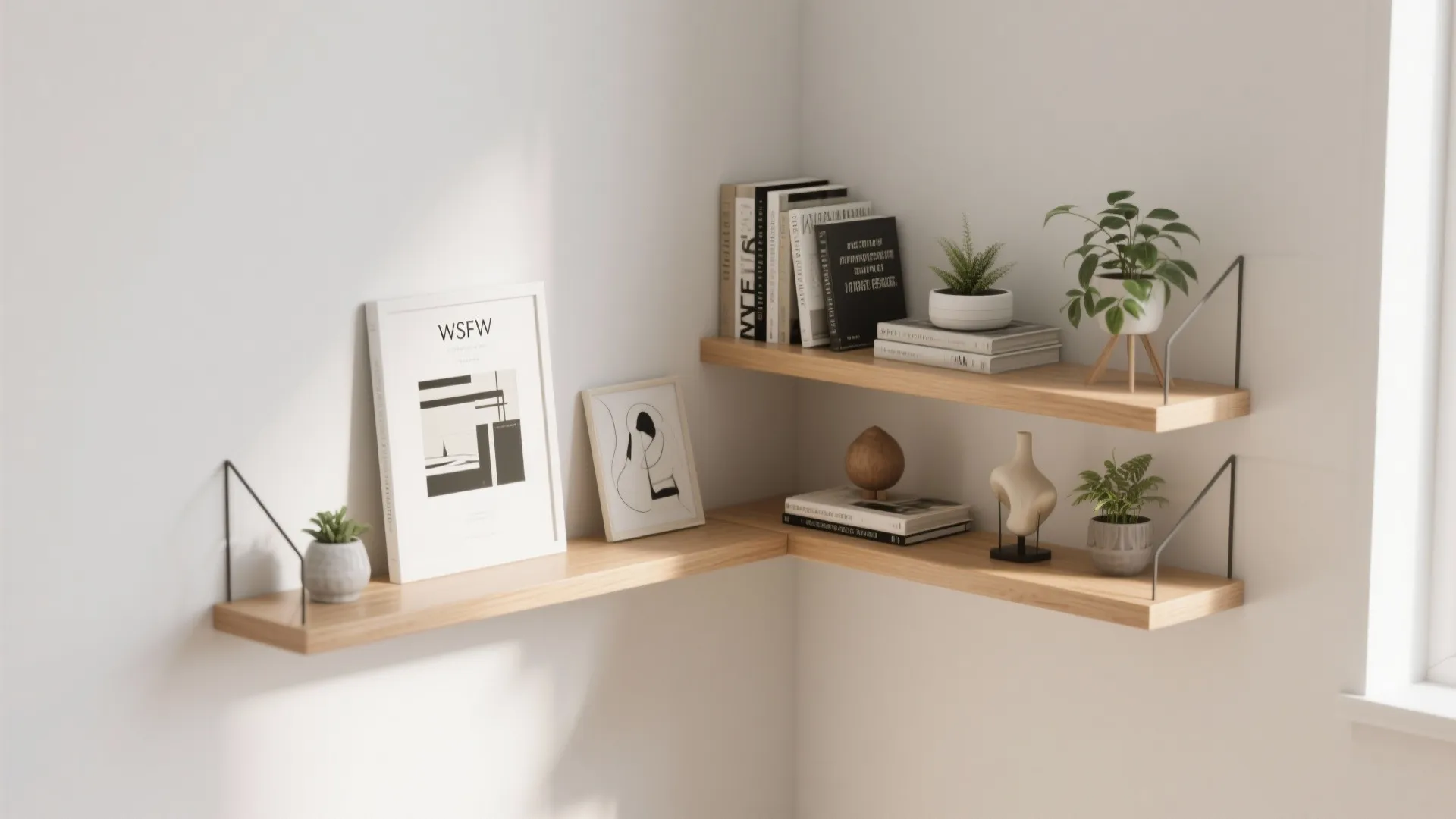 Modern wooden corner floating shelves with books plants picture frames and small decorations in white room