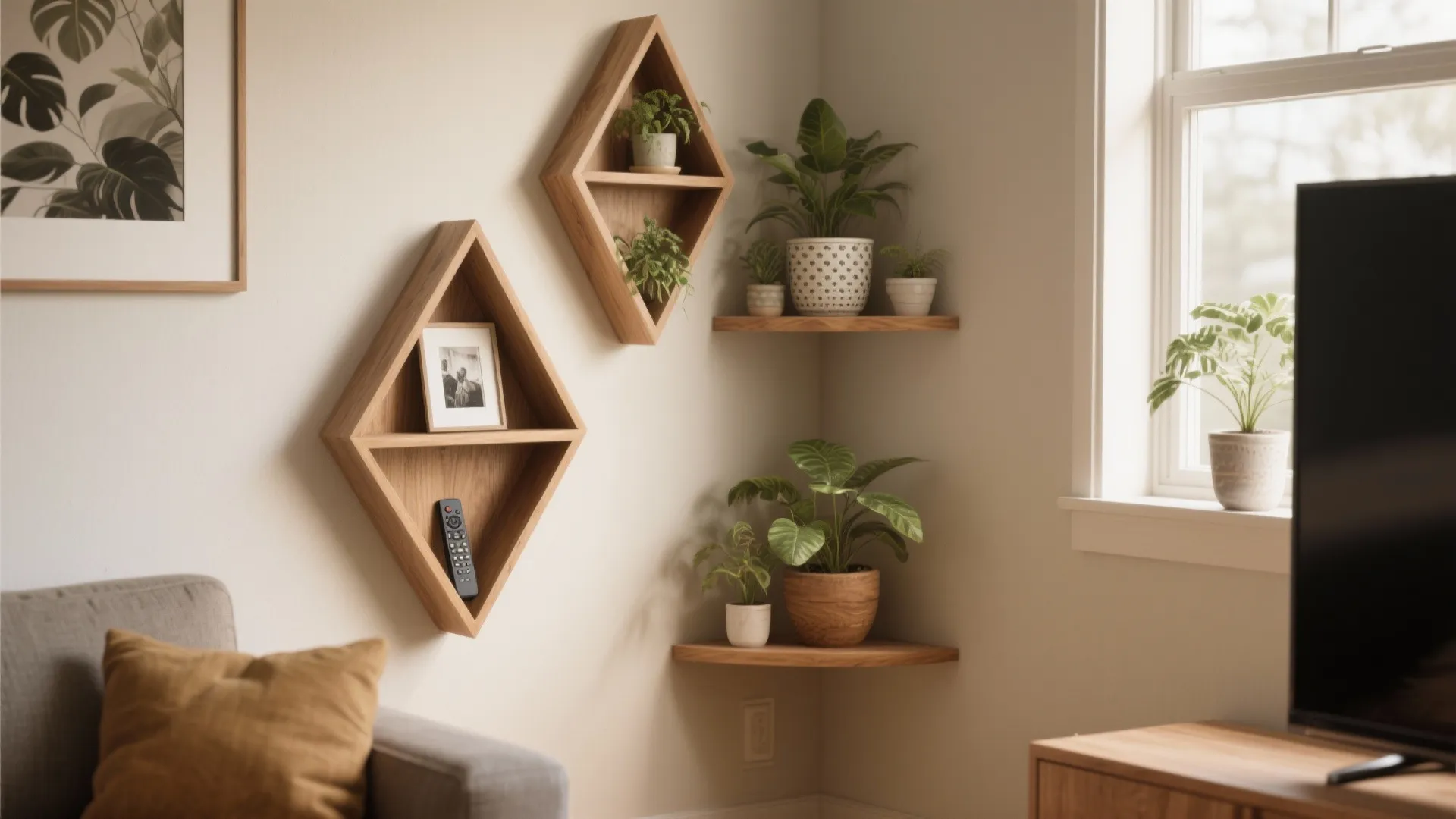 2. Floating corner shelves that maximize awkward spots