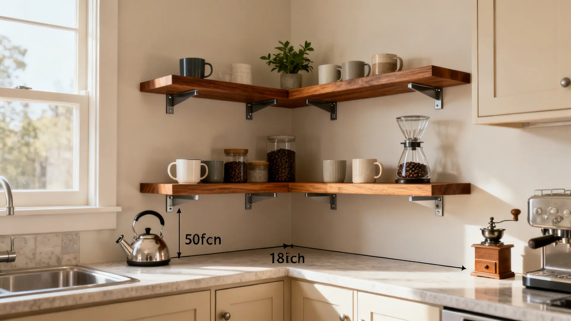 Corner-floating shelves that bridge dead zones