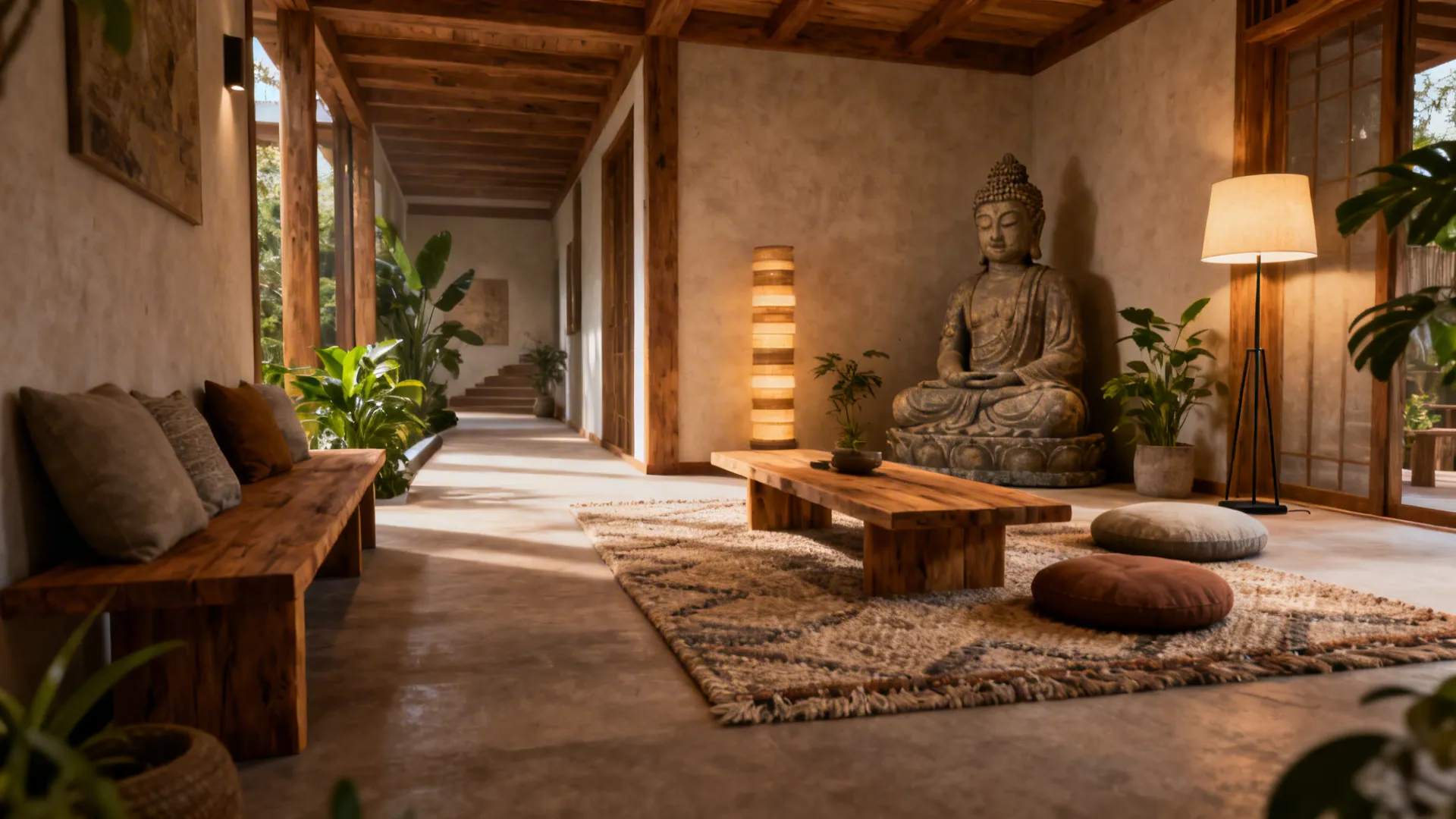 Cozy corner with a bench, floor cushion and a larger Buddha statue
