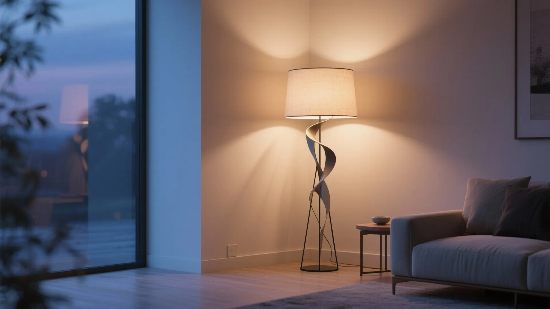 Modern floor lamp with a spiral base glowing in a dim living room near sofa