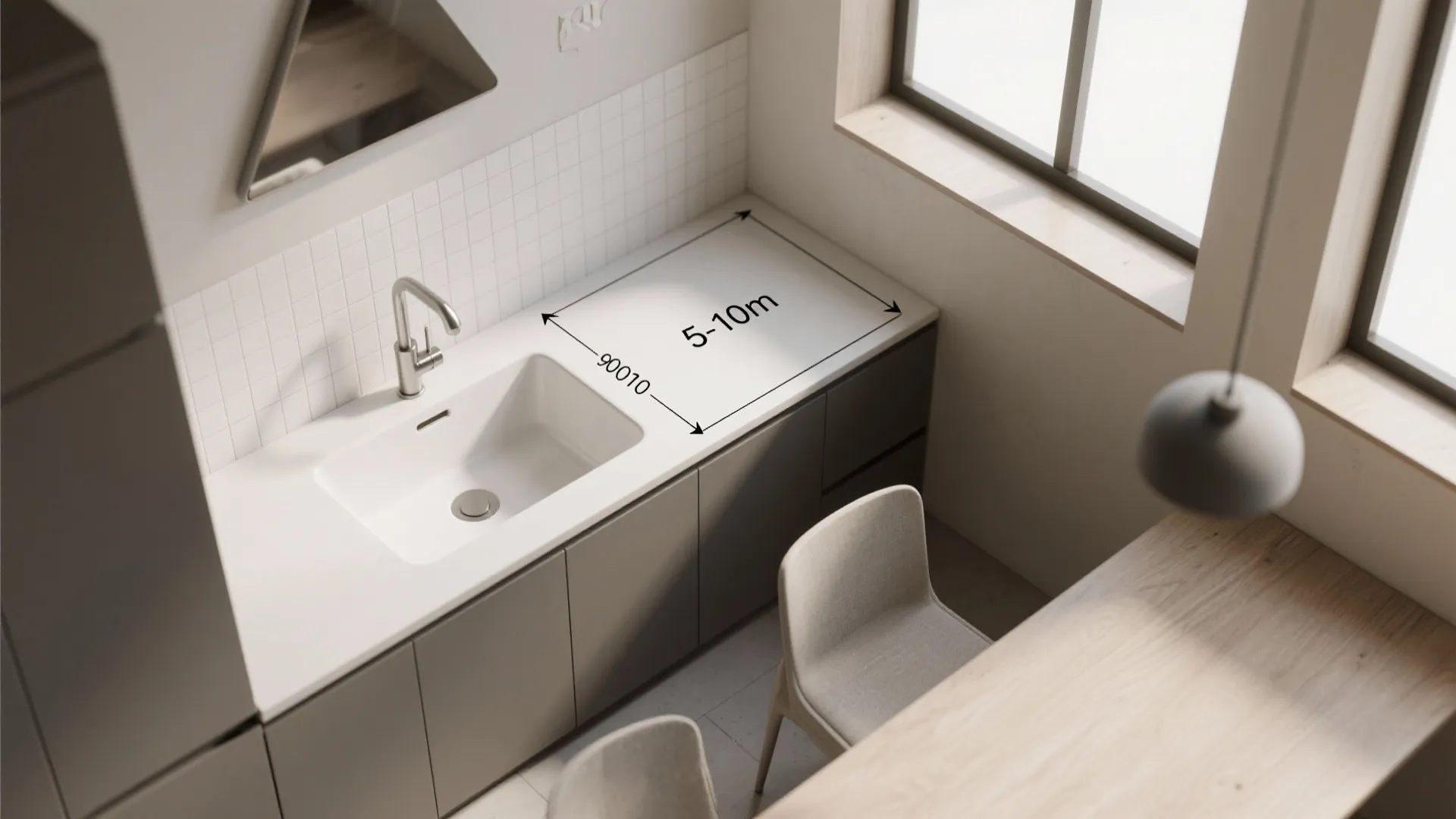 Interior design drawing showing kitchen counter with white sink and space measurements in small room