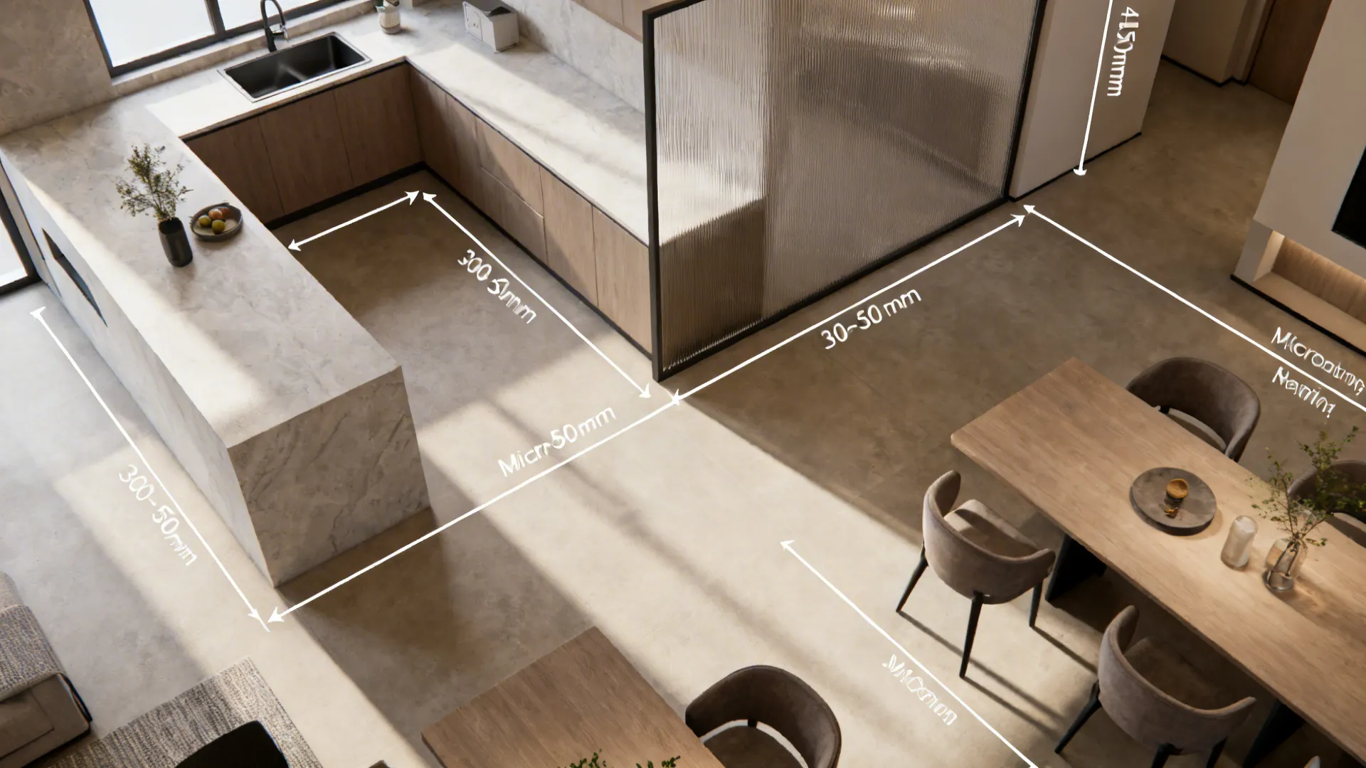 Top-down view of living-dining layout with a screened corner basin and clear circulation.