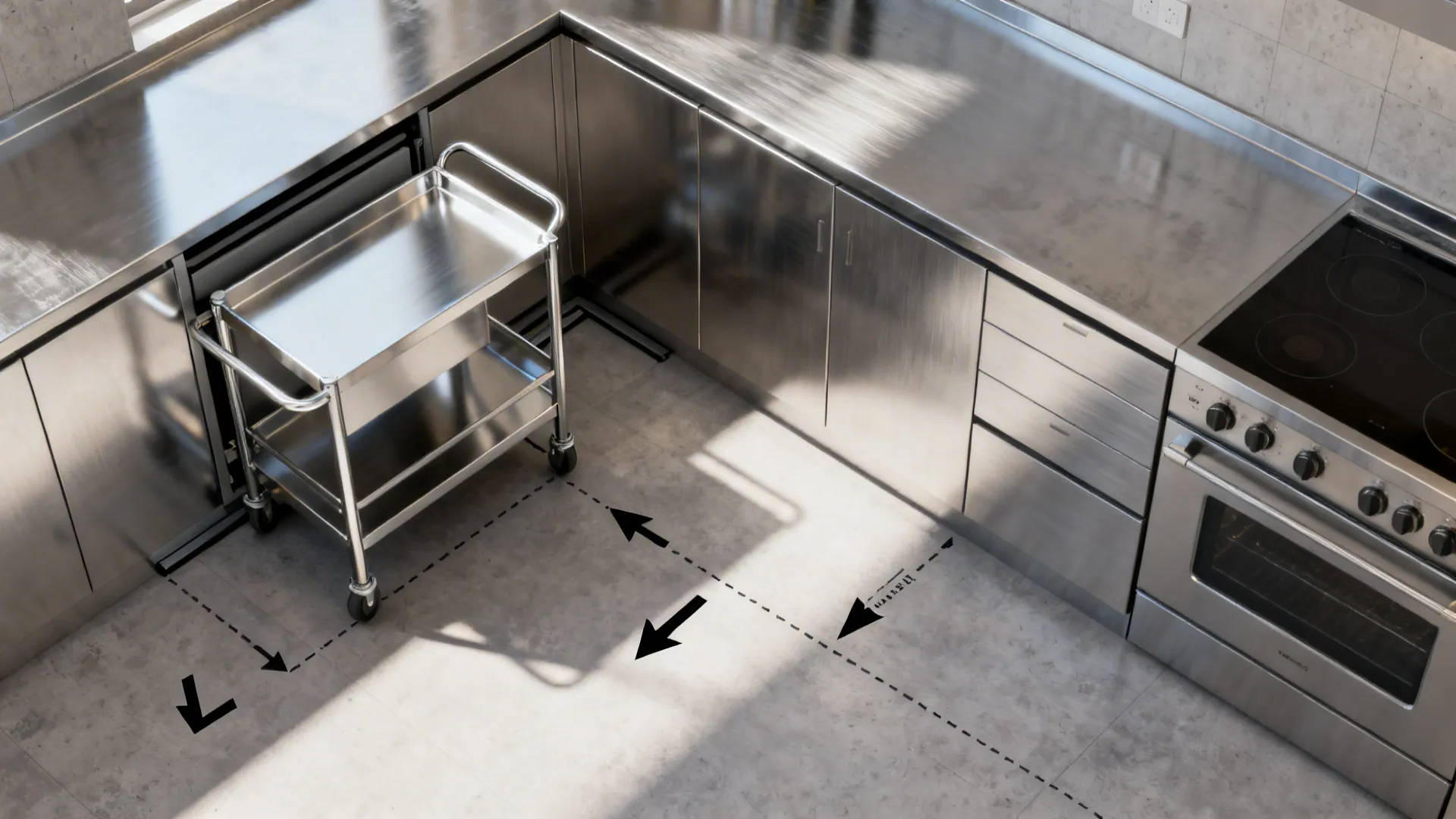 Top view of a stainless steel kitchen showing movement arrows for a mobile metal cart