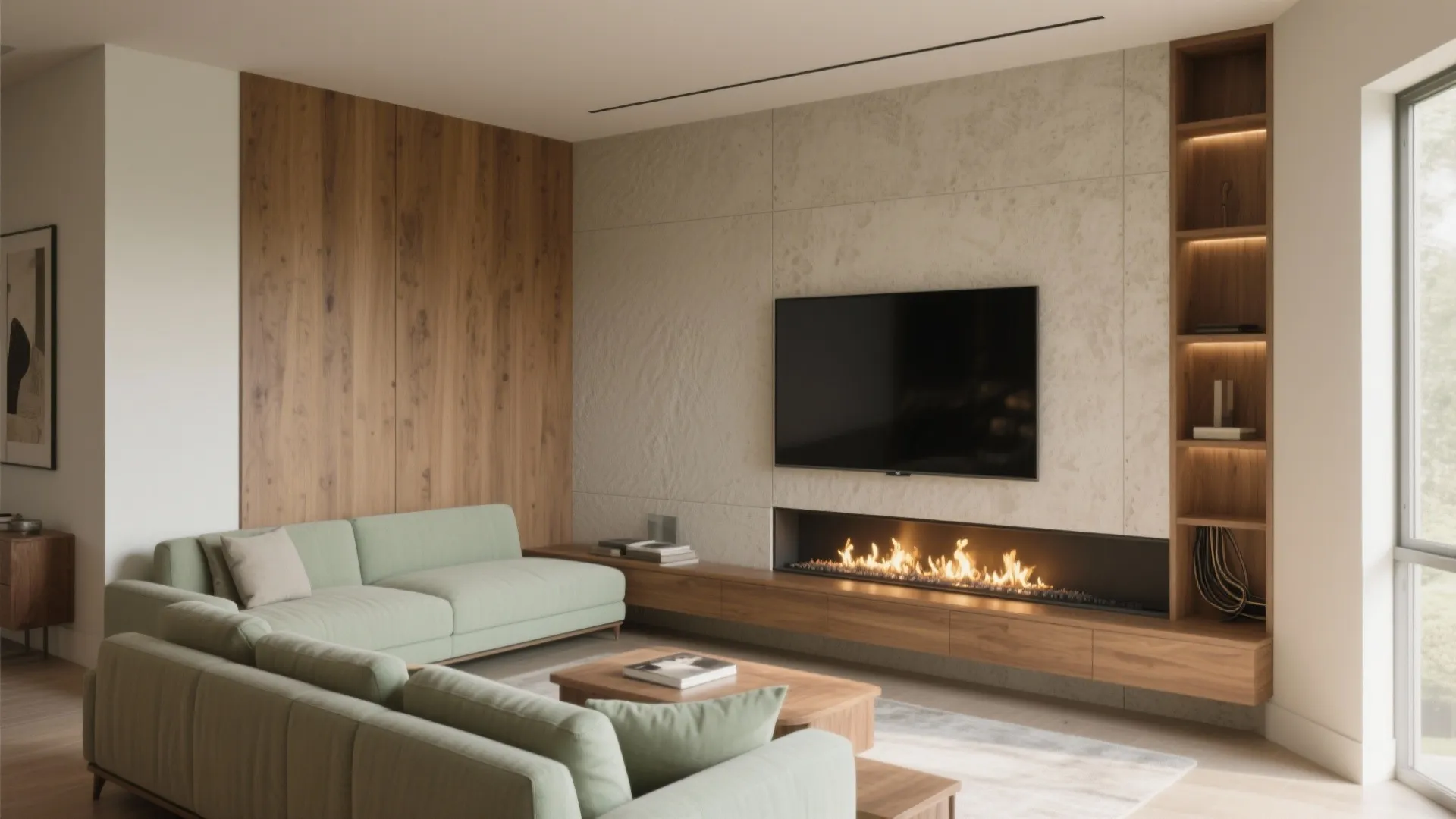Corner focal point: media wall meets fireplace