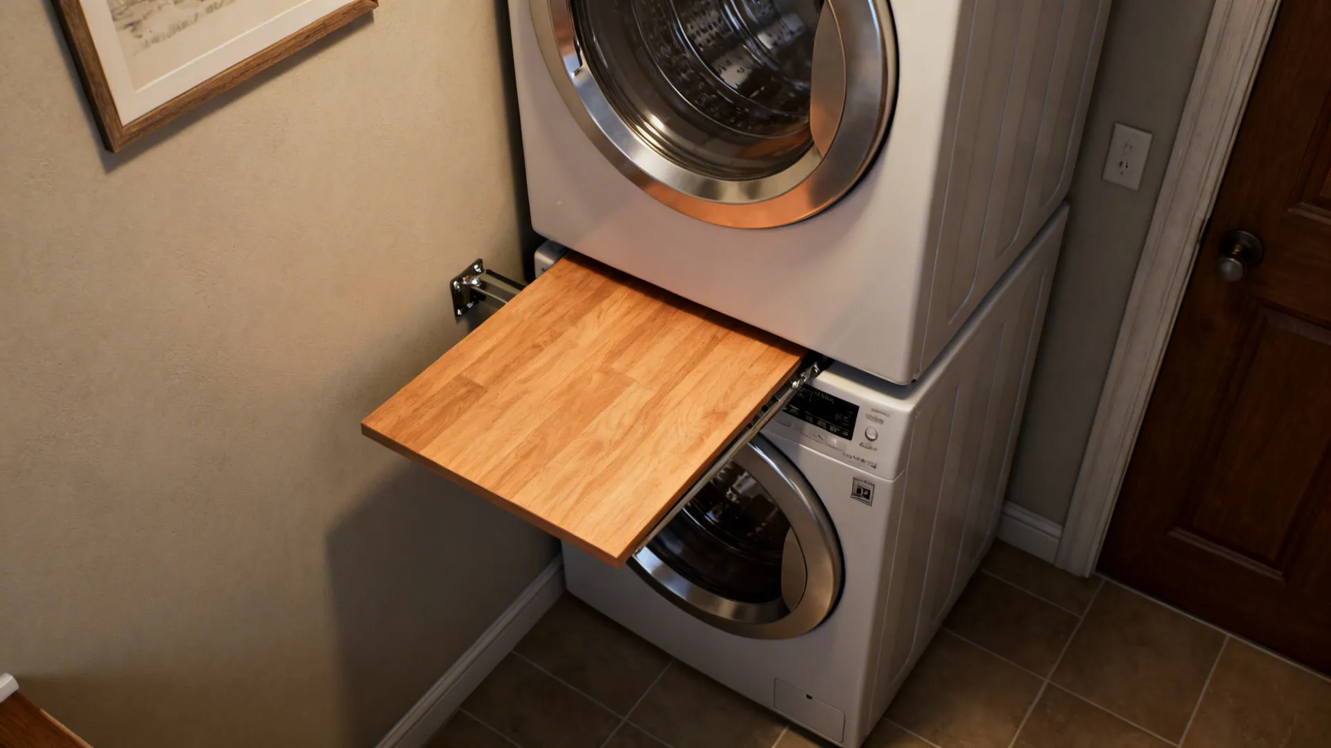 Corner laundry with a stackable washer dryer and a fold-down counter lowered for folding clothes.