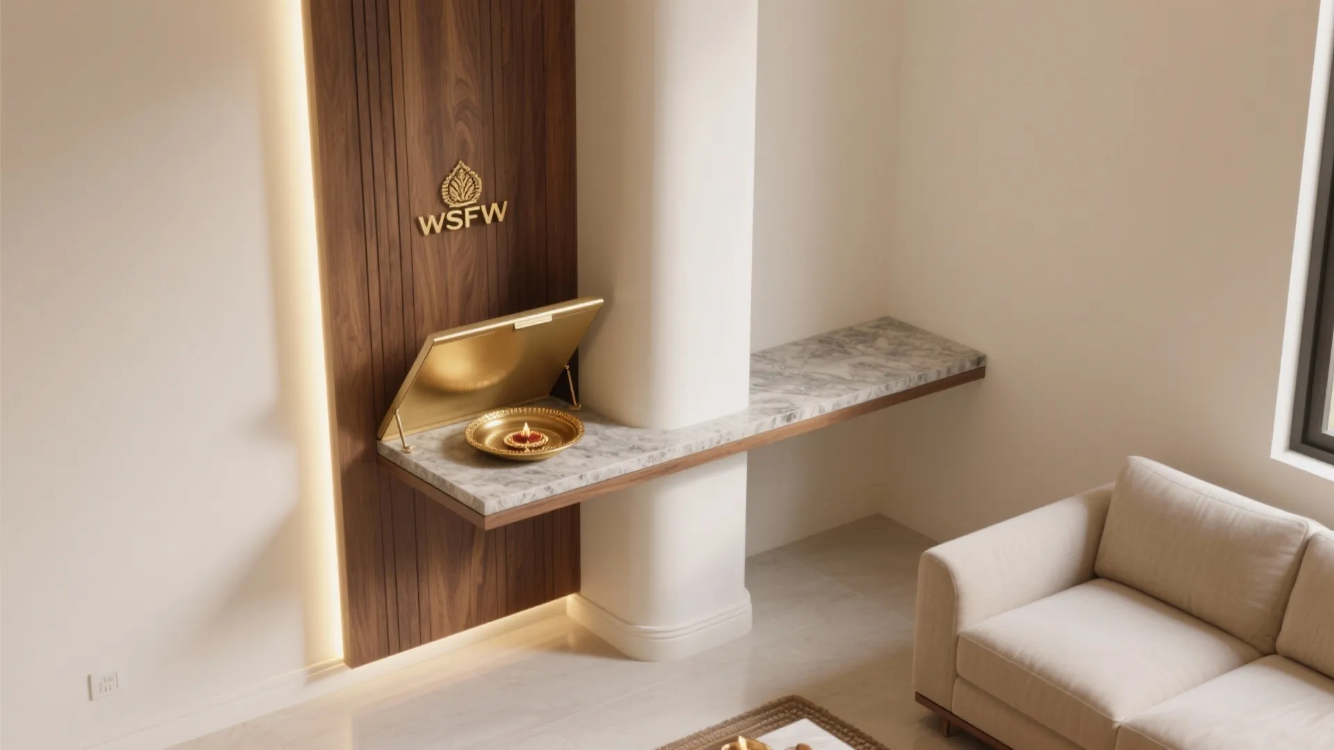 L-shaped corner mandir with fold-down aarti shelf