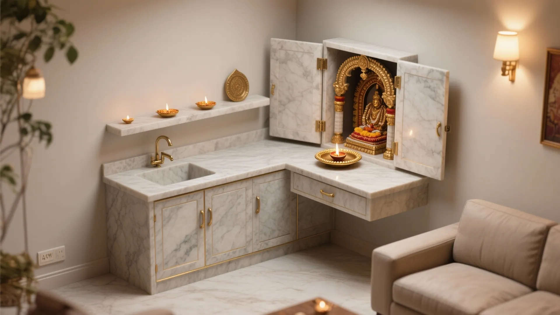 Compact Corner Layout with Fold-Down Aarti Shelf