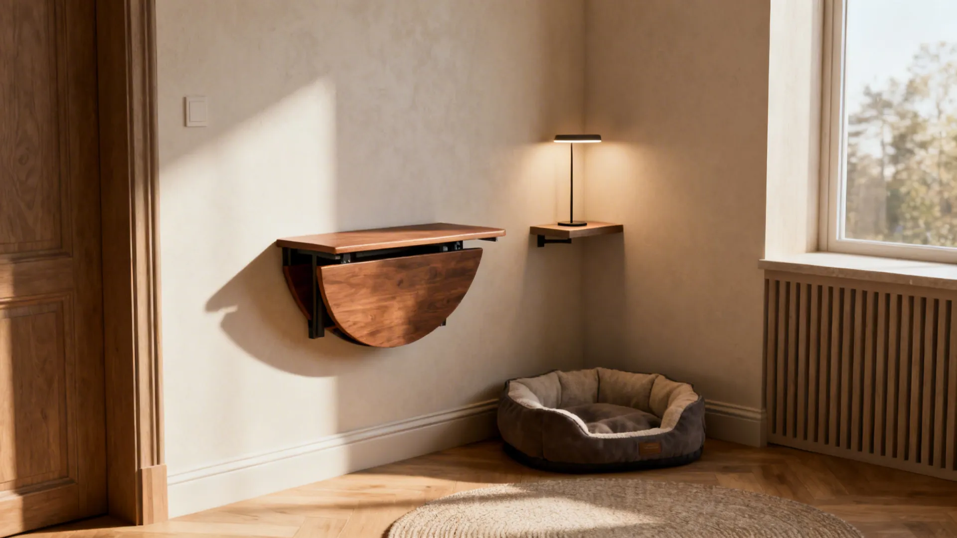 Wall mounted folding wooden table in a room corner with a pet bed and desk lamp