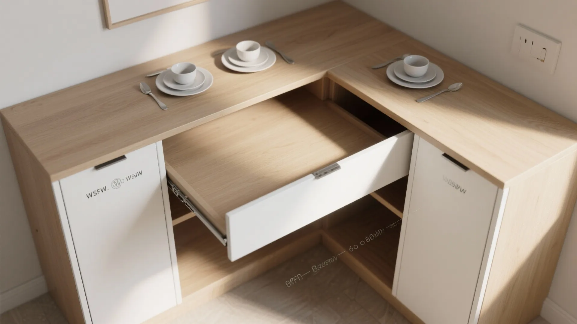 Top-down view of a corner buffet with a fold-out shelf extended as a two-person breakfast ledge in a small dining corner.