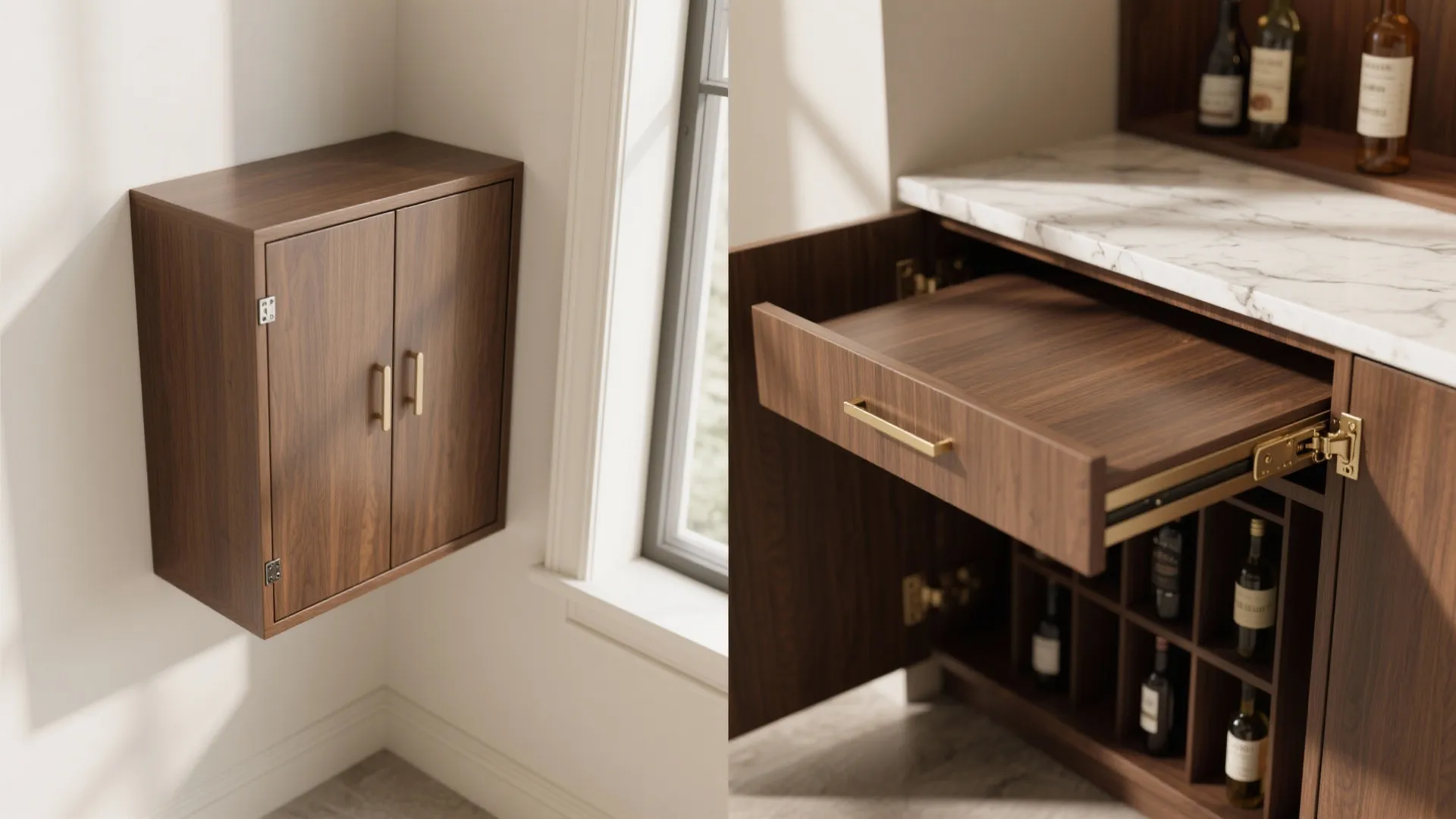 Comparison of a closed wooden corner cabinet and an open drawer with a wine rack