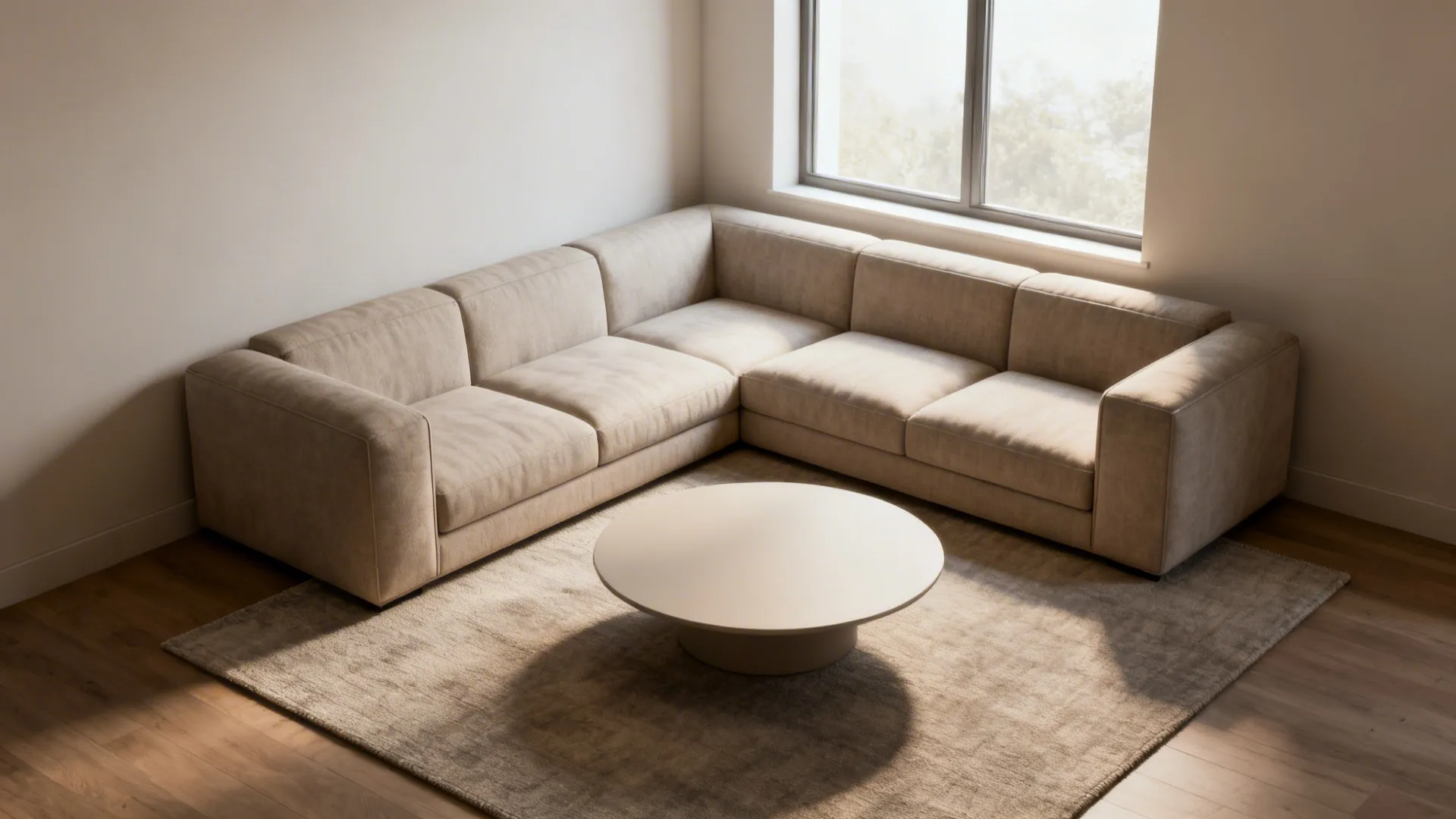 Small living room with two sofas in an L-shaped corner arrangement and a low coffee table