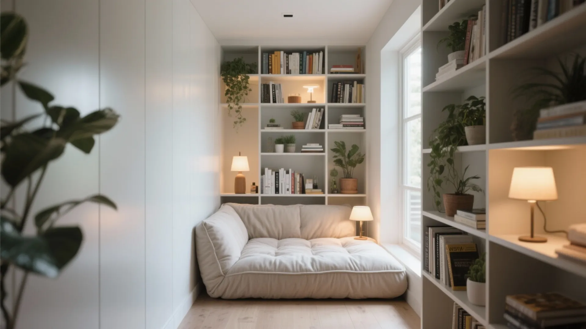 Small reading nook with white floor sofa tucked between tall bookshelves and a bright window view