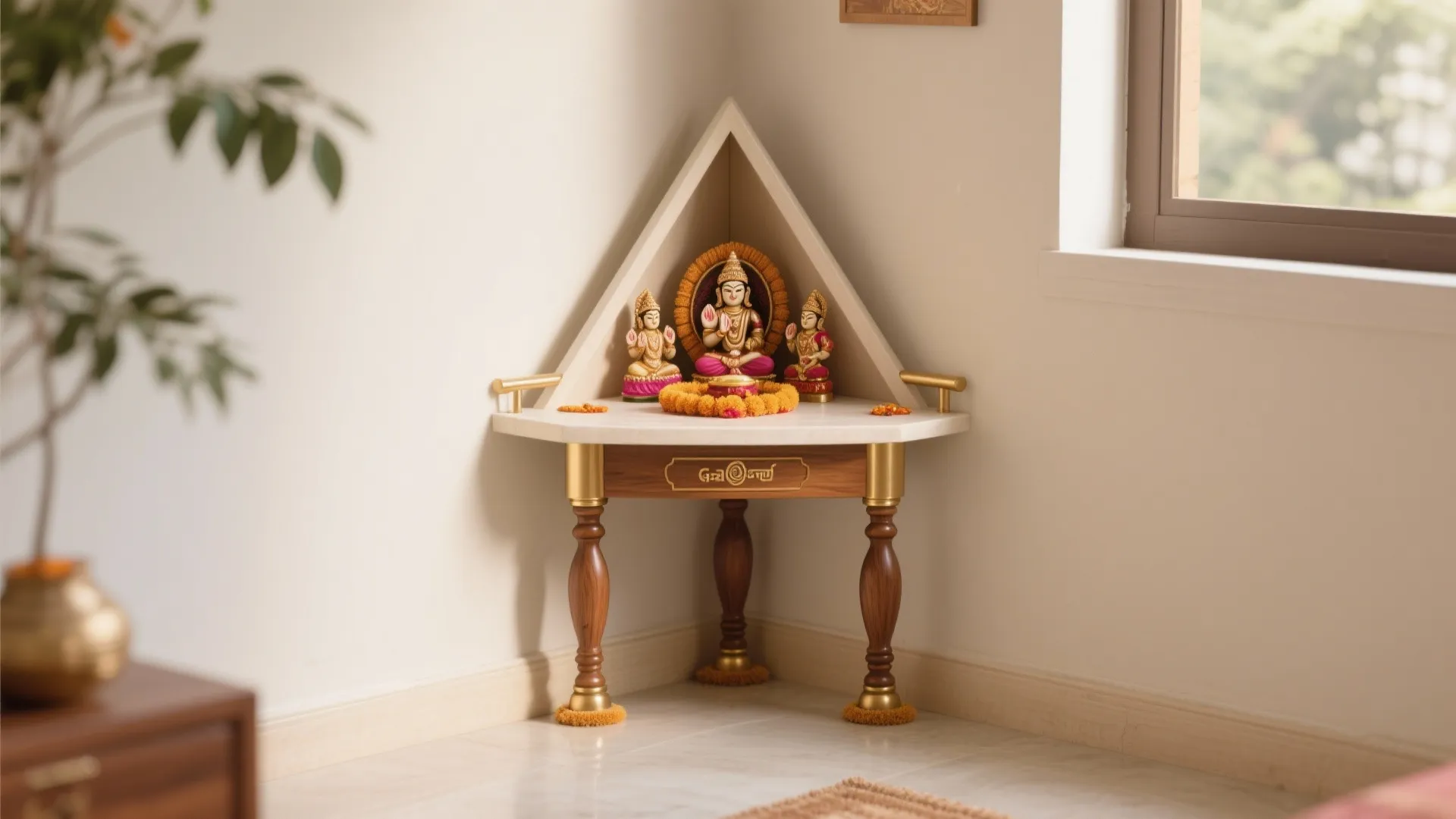 Compact Corner Gadapa with Turned Leg Supports