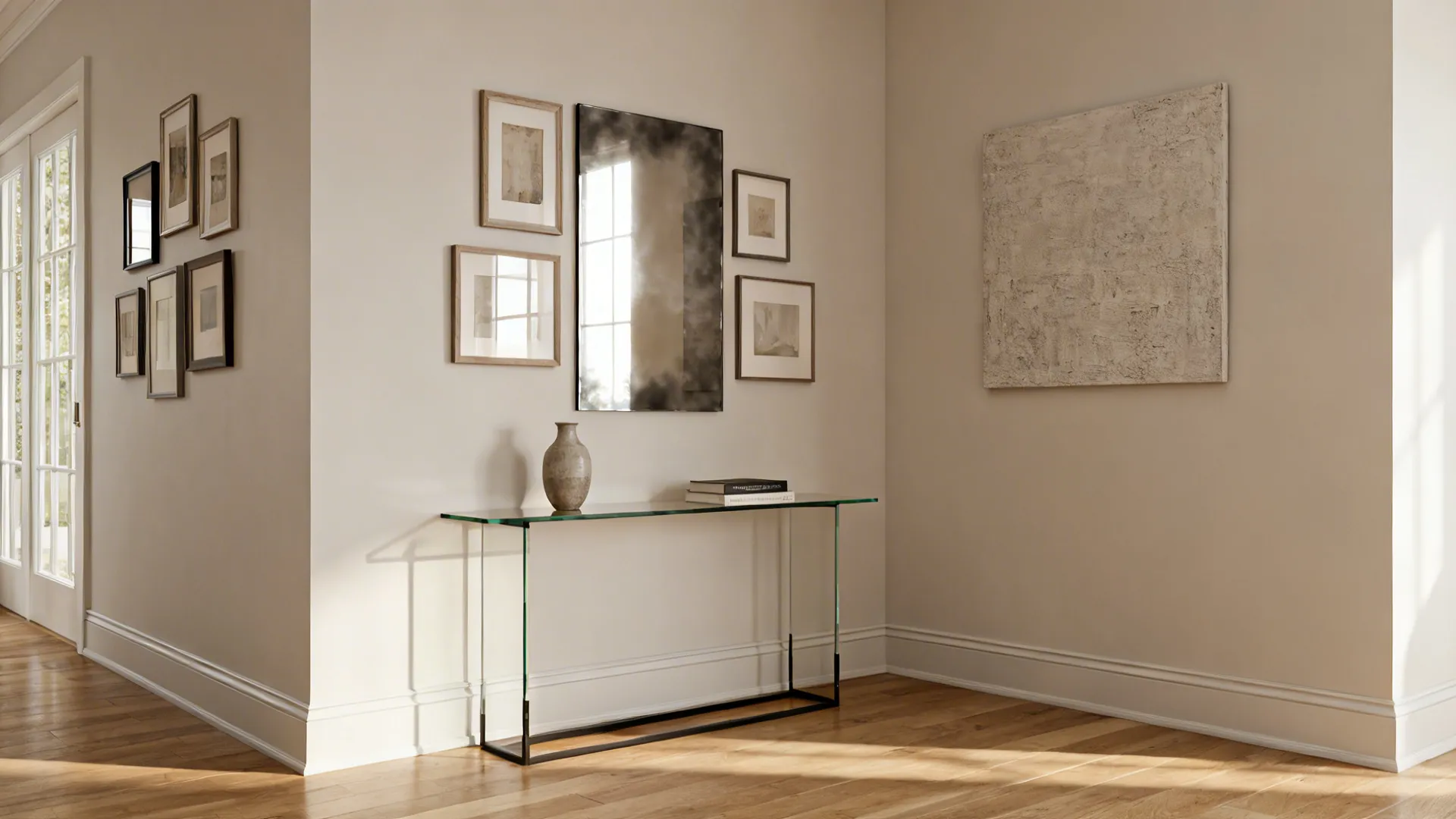 Corner gallery with slim console, smoky mirror, and textured canvas in cohesive frames.
