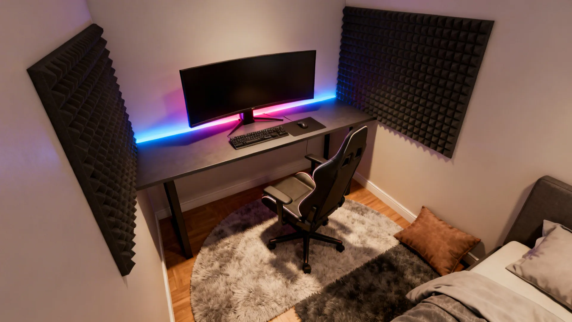 Cozy corner gaming nook with acoustic panels and a compact desk.
