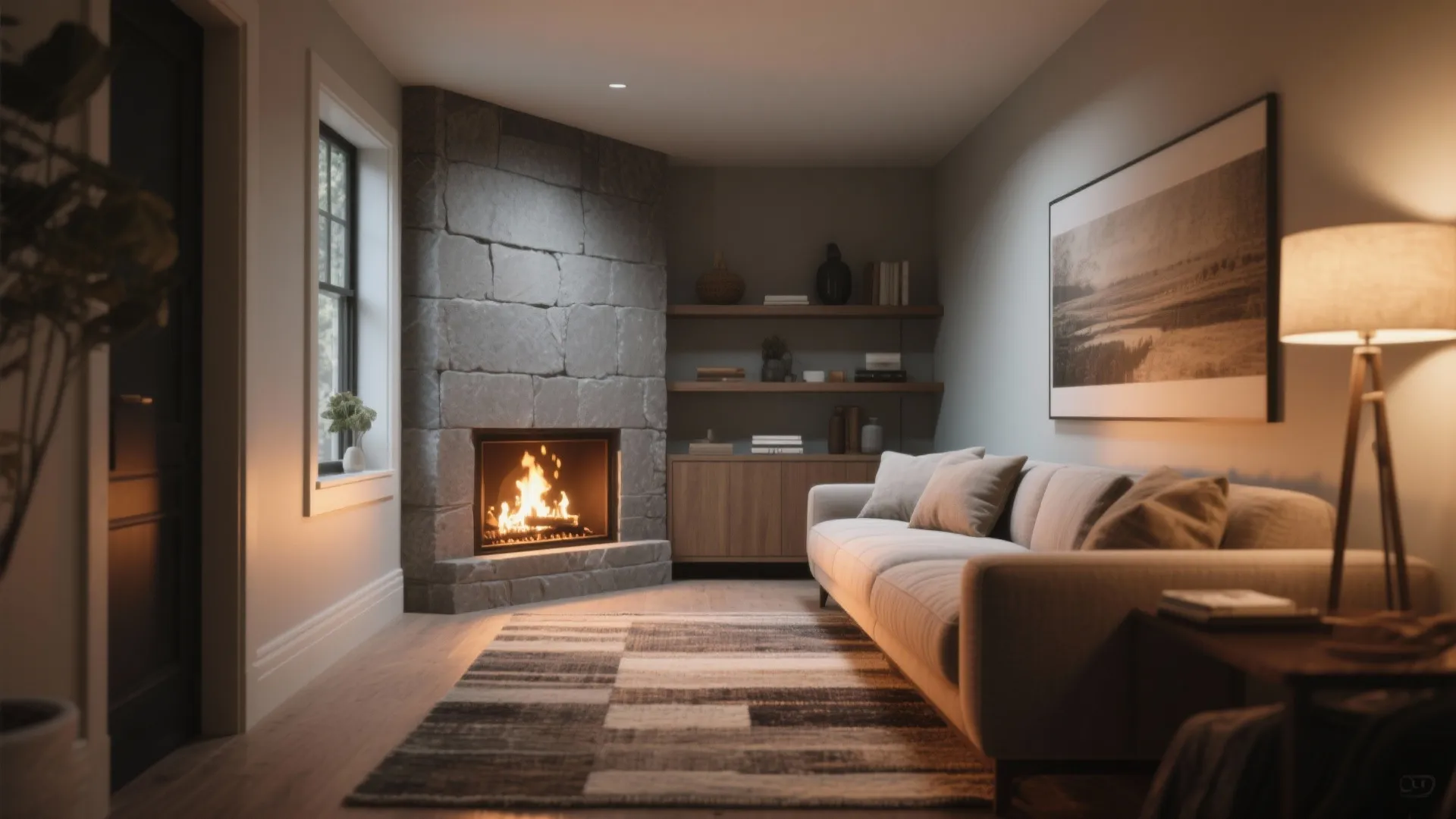 Cozy living room featuring stone corner fireplace with fire burning sofa rug and floor lamp