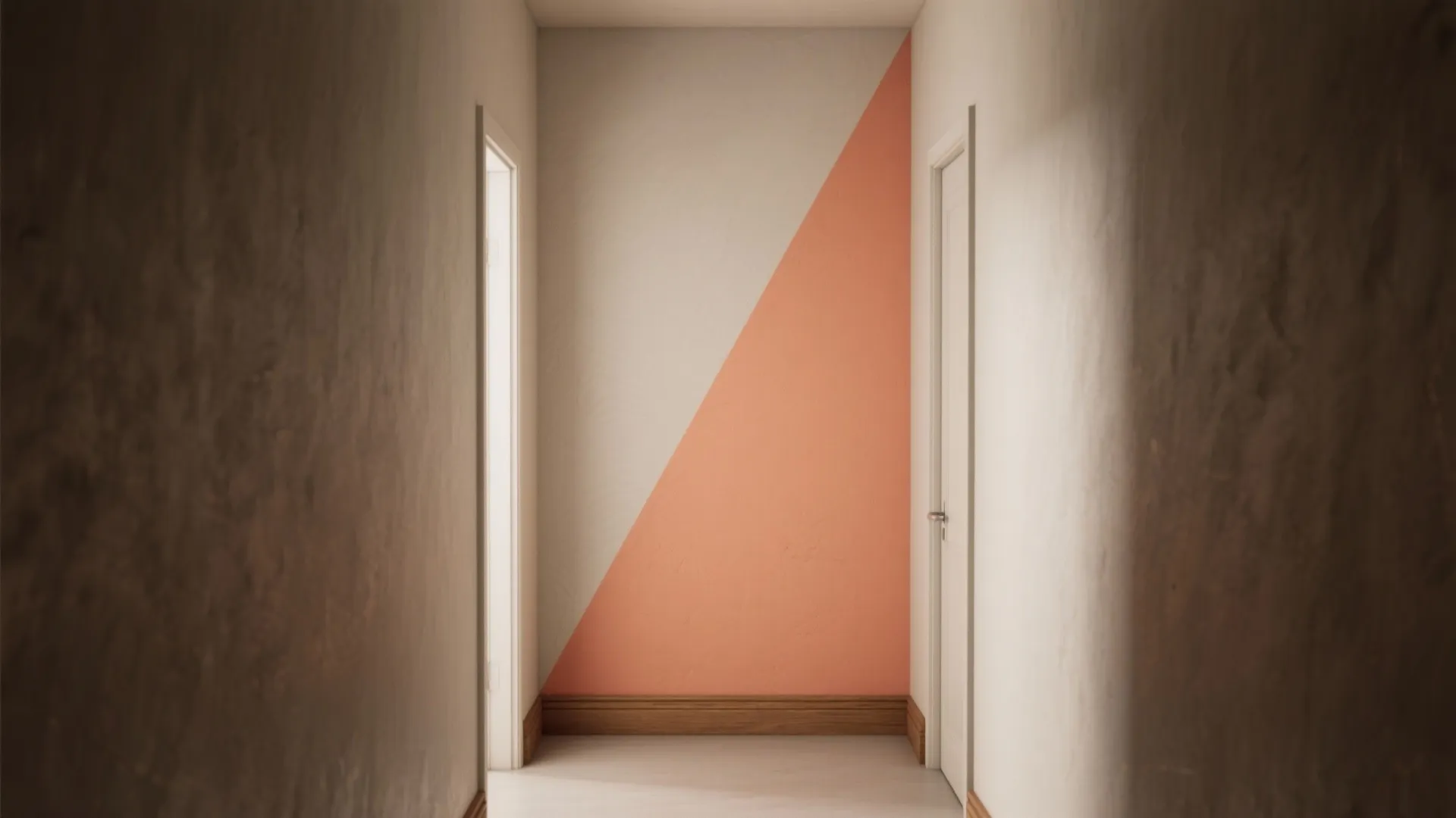 Narrow hallway leading to a wall with peach and white geometric paint design and doors