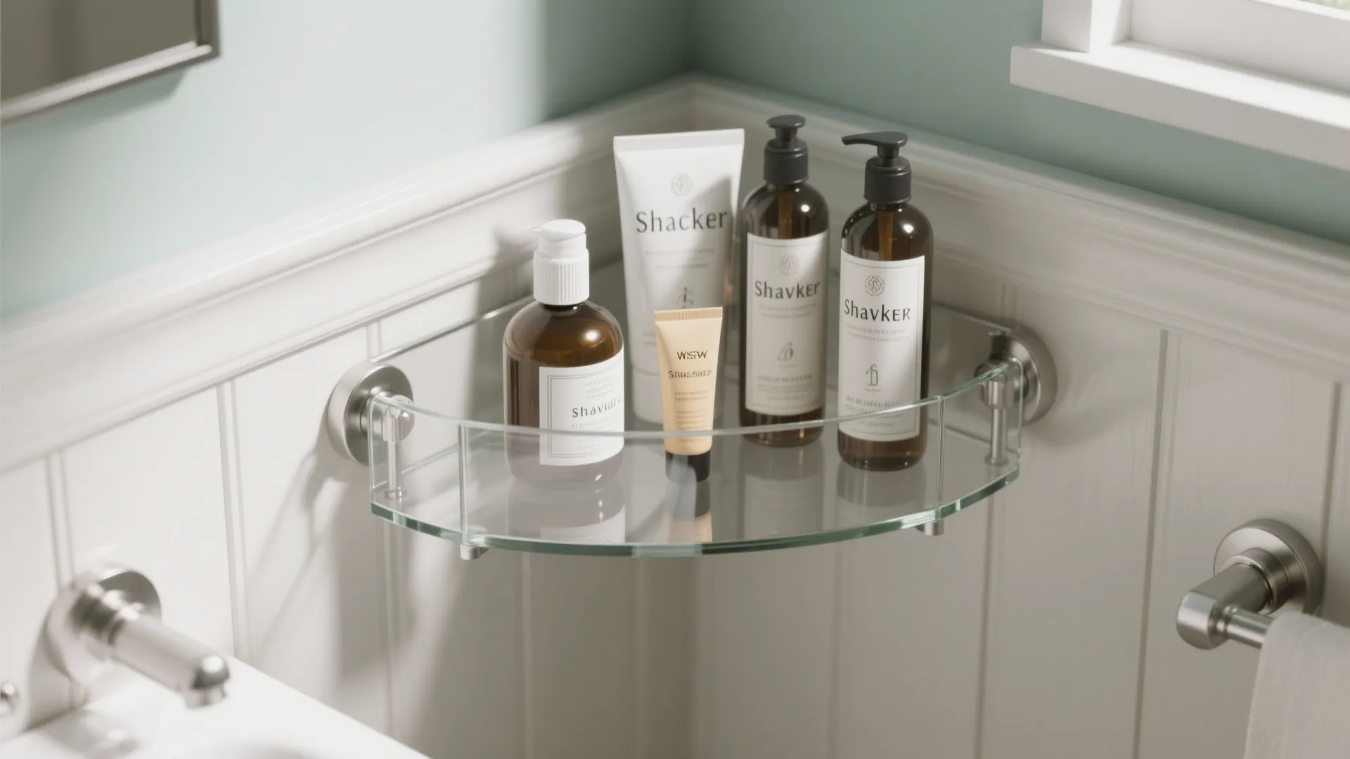 Glass corner shelf in a white wall panel bathroom holding several bottles of skin care