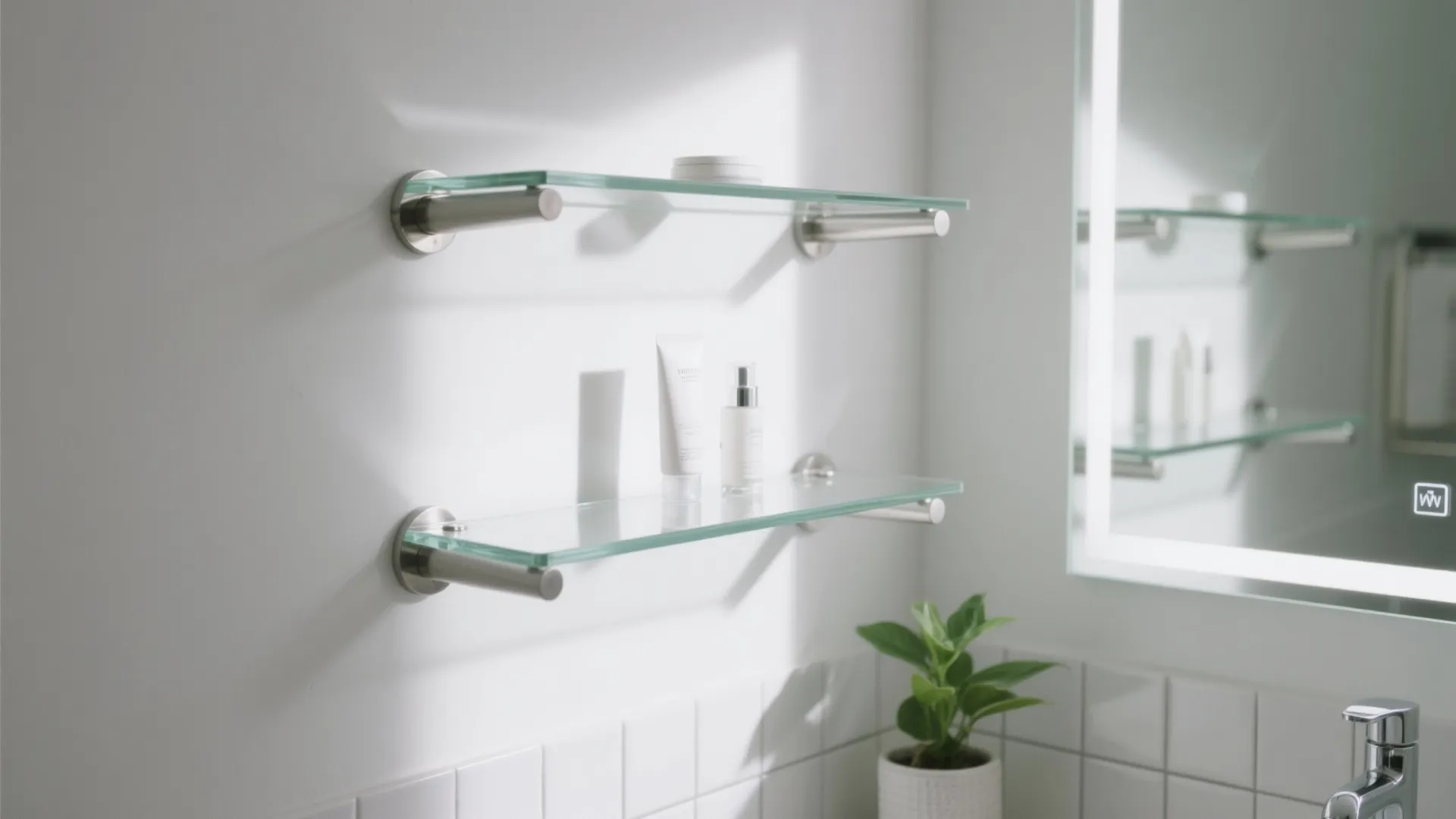 Two glass wall shelves mounted on white tiles with bathroom products and a lighted mirror