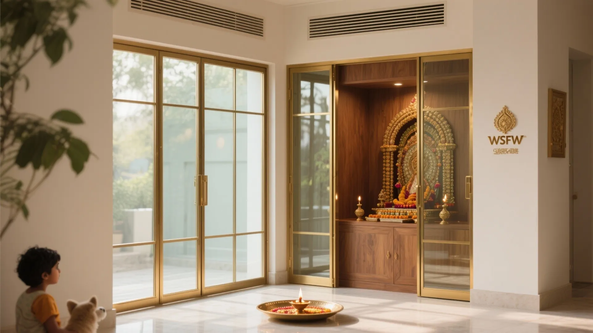 Corner Mandir With Tempered Glass Doors