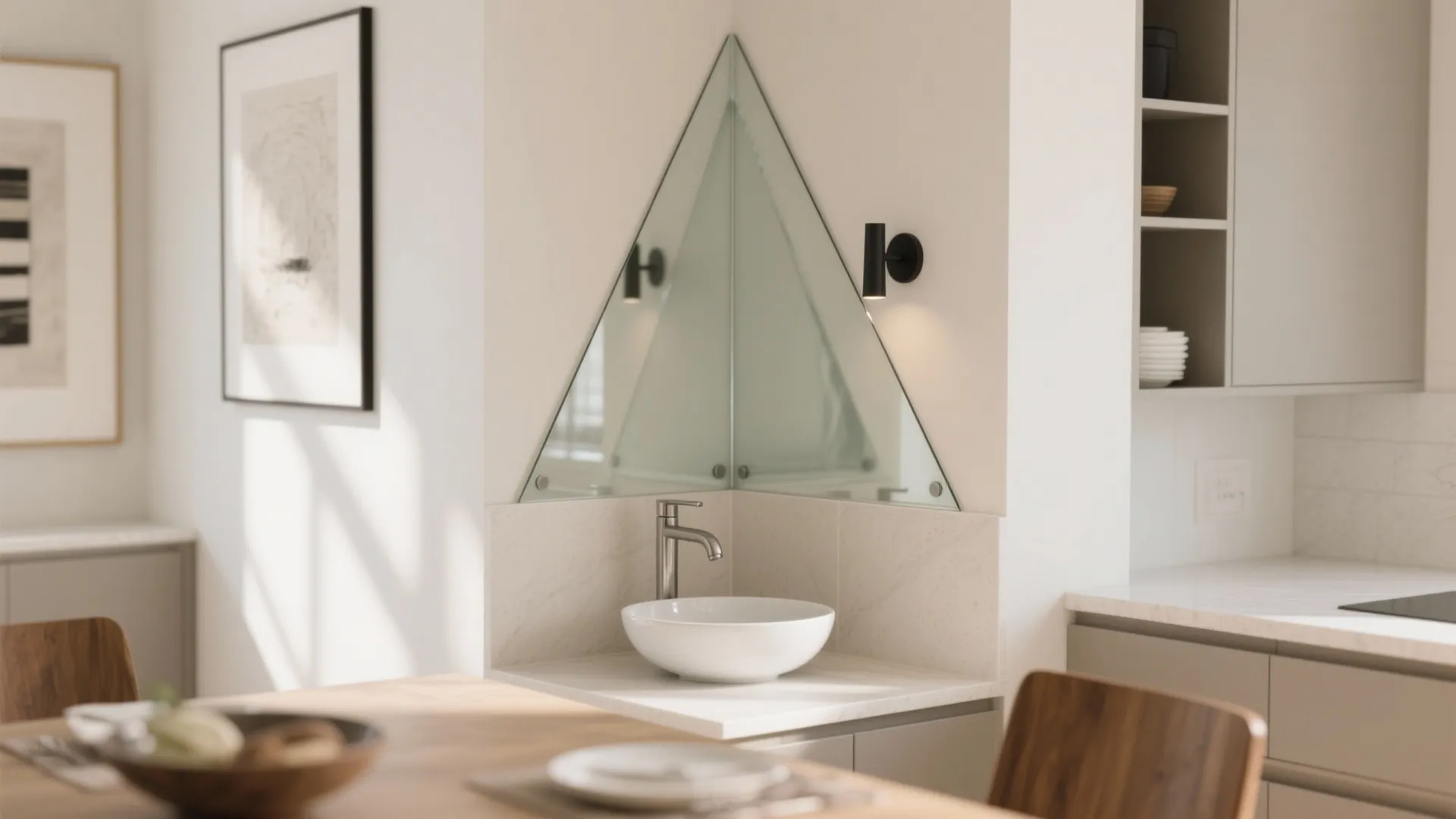 Corner Basin Nook with Glass Backsplash
