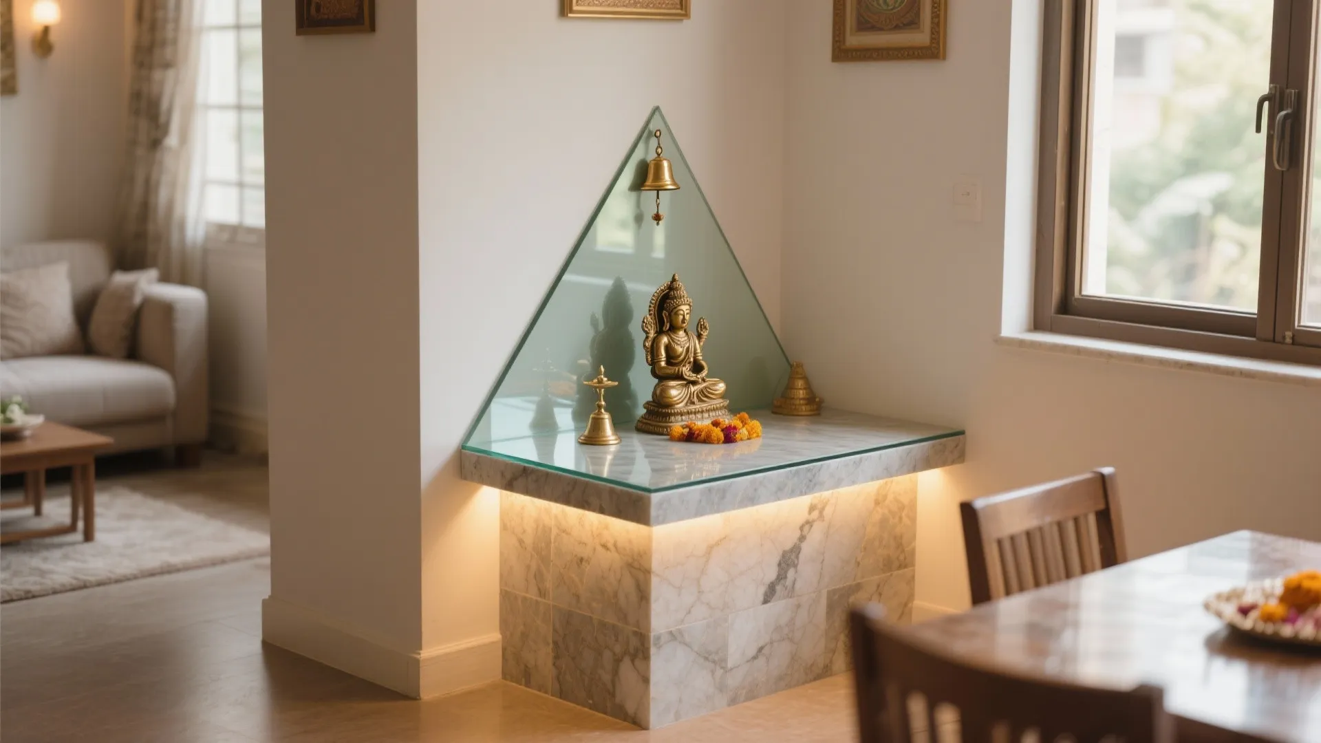 Small corner marble stand with a glass top holding a gold statue and small bell