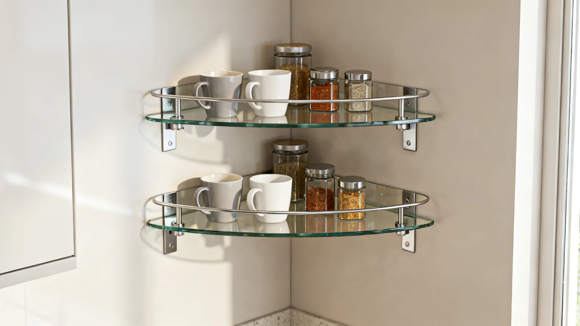 Triangular tempered-glass corner shelves on adjustable brackets storing cups and spices in a tight alcove.
