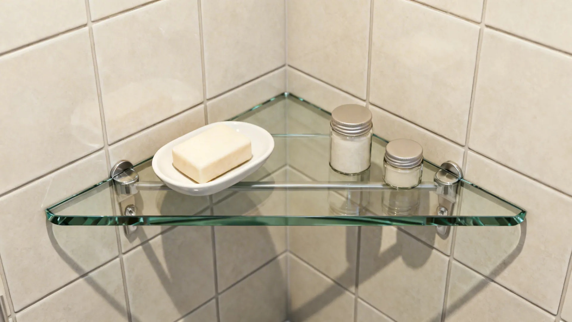 Triangular glass corner shelves holding small bathroom items.