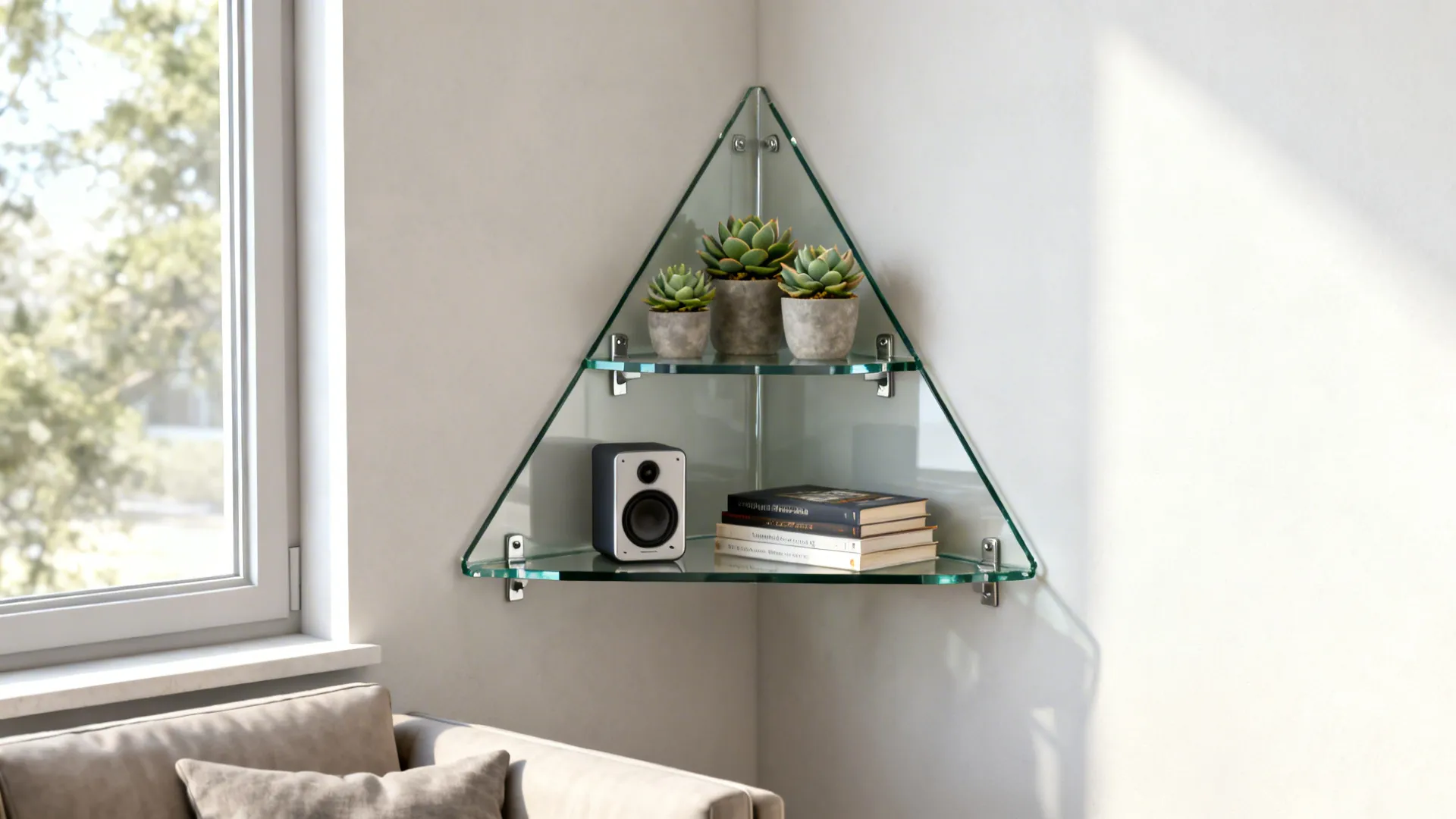 Triangular corner glass shelves holding small plants and books in a living room corner